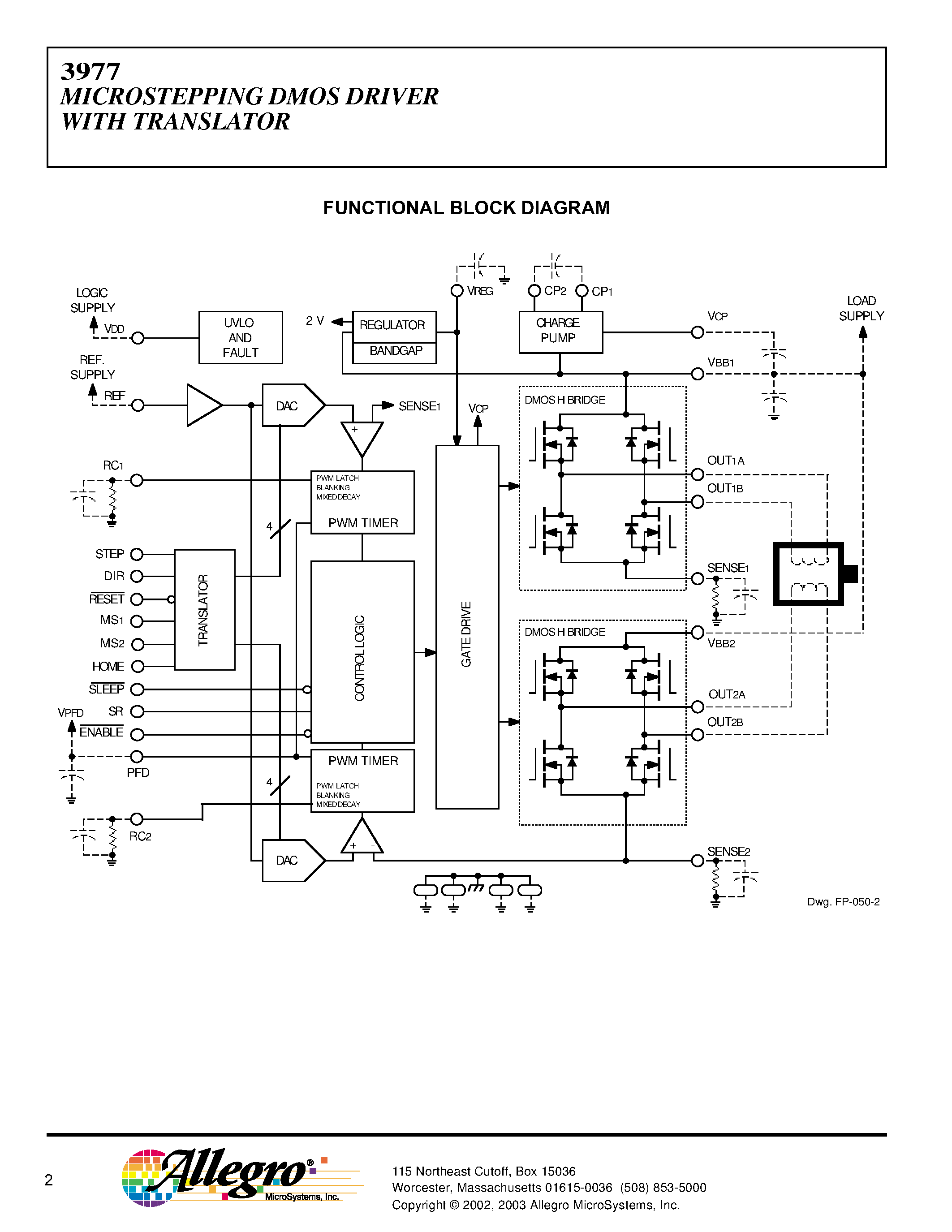 Даташит A3977SLP-T - MICROSTEPPING DMOS DRIVER WITH TRANSLATOR страница 2