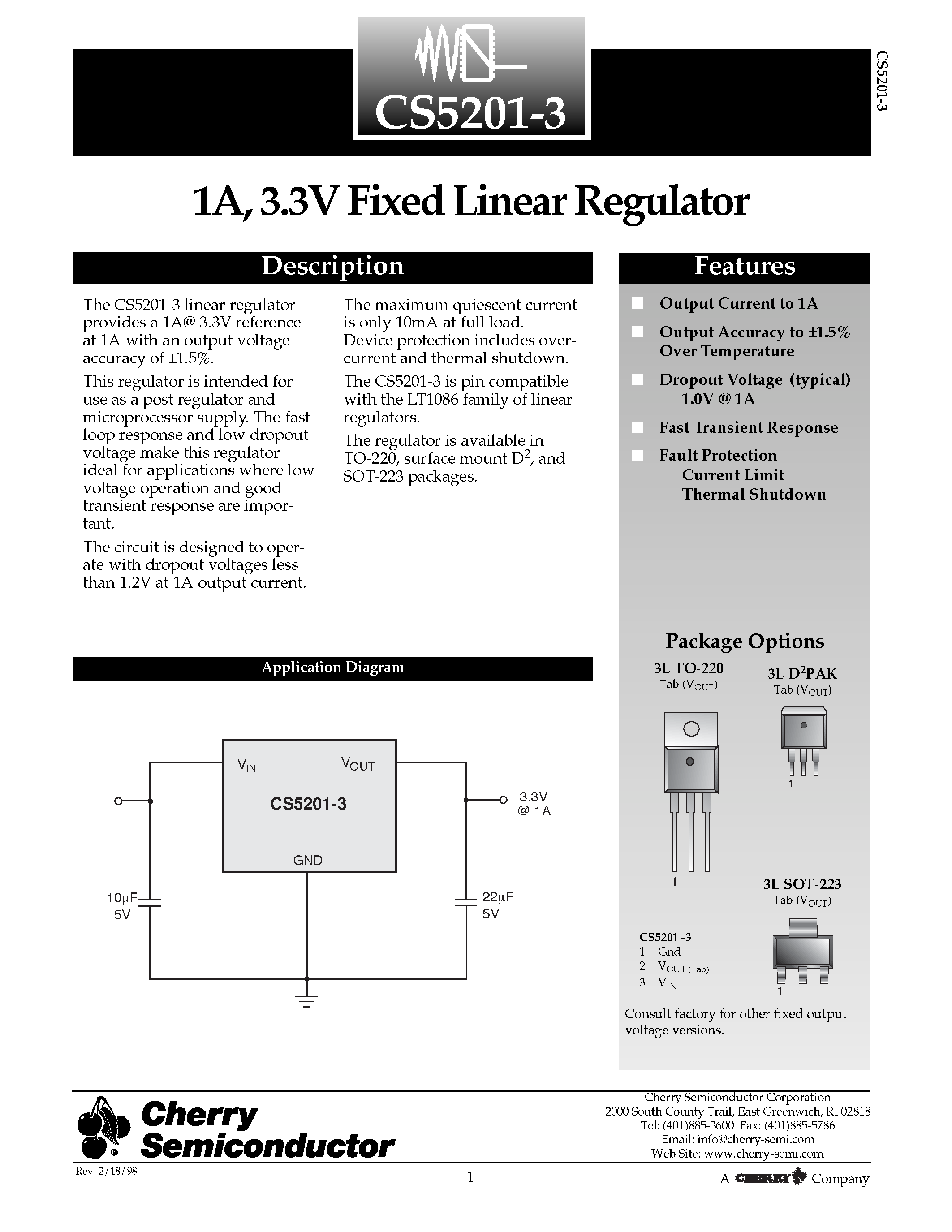 Даташит CS5201-3 - 1A/ 3.3V Fixed Linear Regulator страница 1