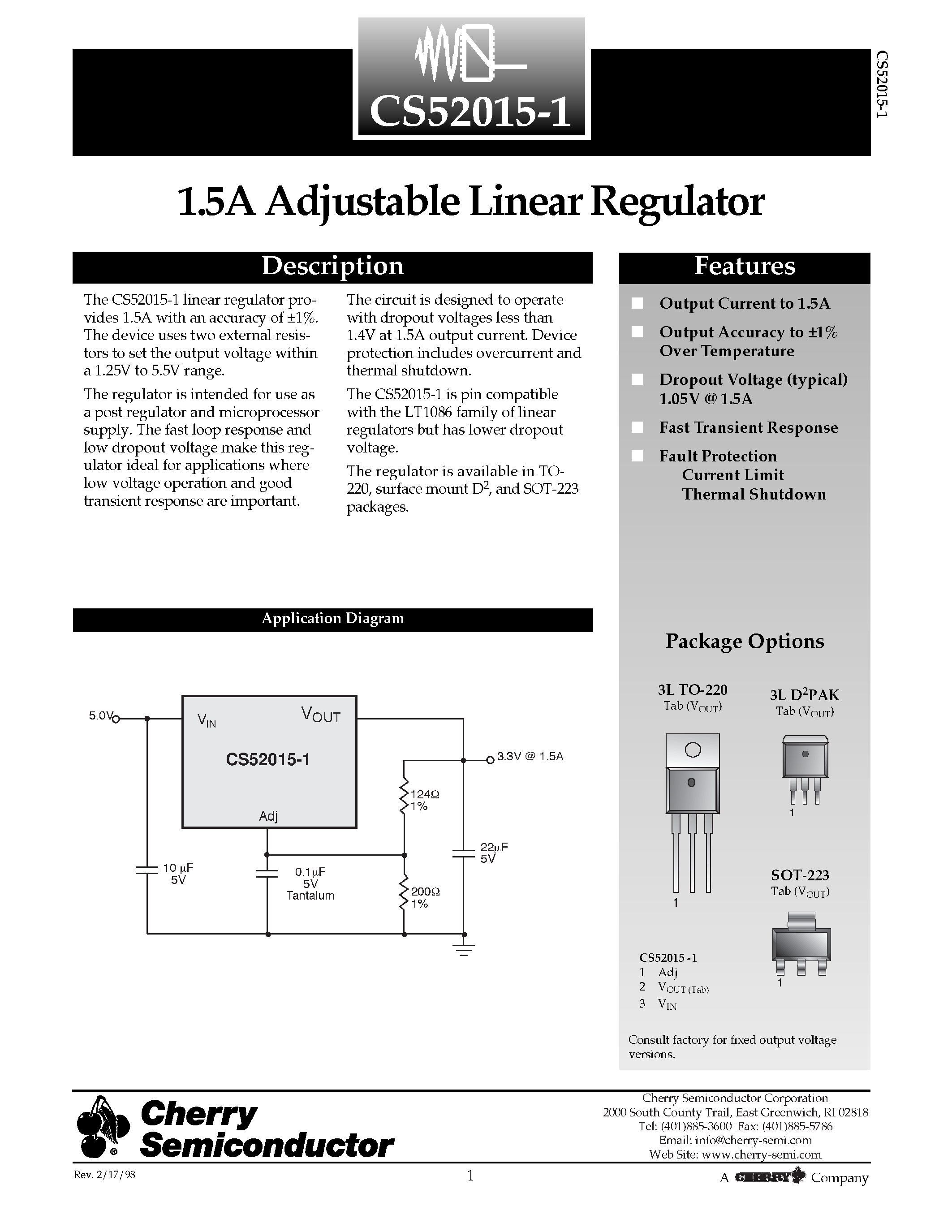 Даташит CS52015-1 - 1.5A Adjustable Linear Regulator страница 1