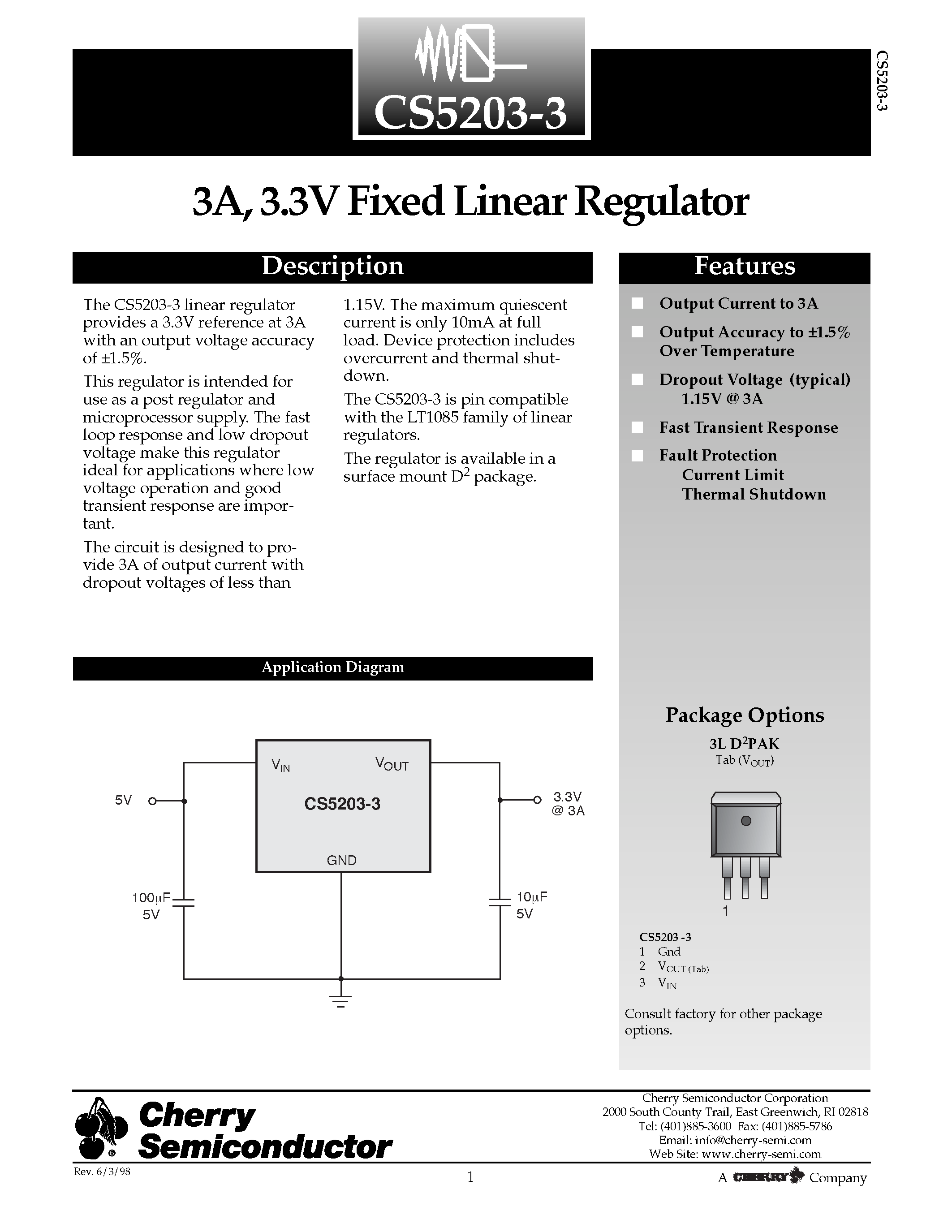 Даташит CS5203-3 - 3A/ 3.3V Fixed Linear Regulator страница 1