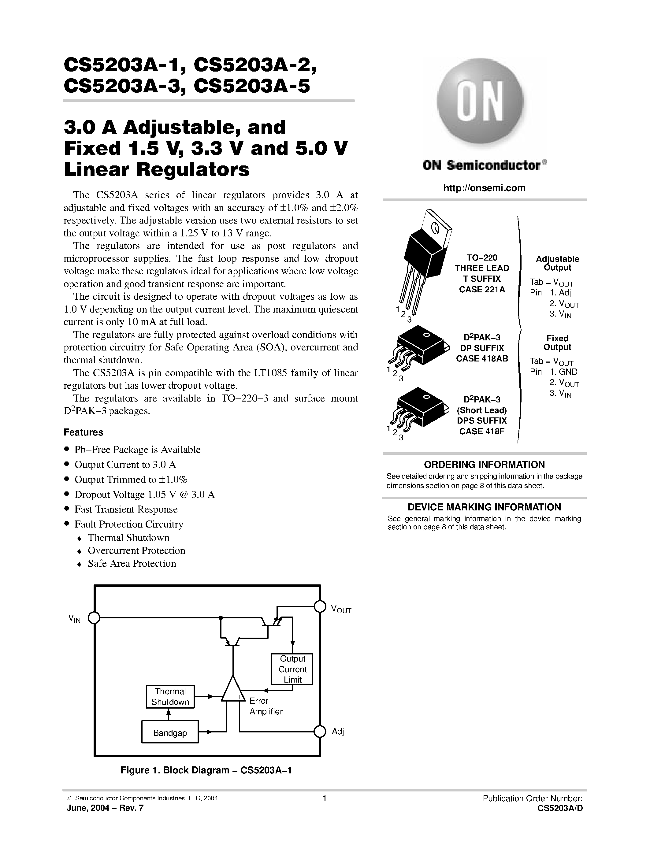 Даташит CS5203A-1 - 3.0 A Adjustable/ and Fixed 1.5 V/ 3.3 V and 5.0 V Linear Regulators страница 1