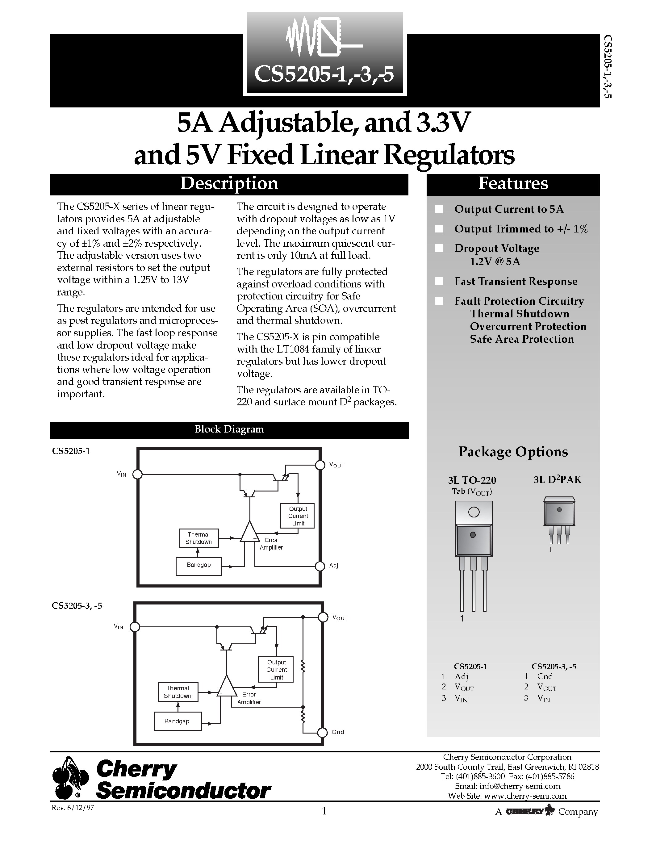 Даташит CS5205-3 - 5A Adjustable/ and 3.3V and 5V Fixed Linear Regulators страница 1