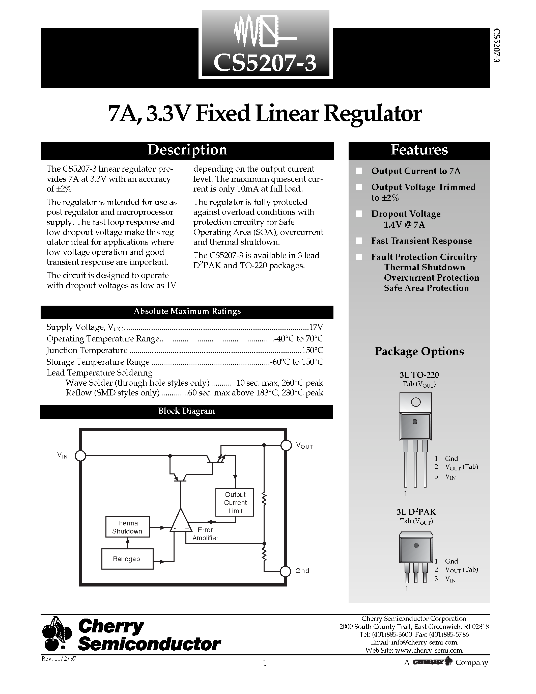 Даташит CS5207-3 - 7A/ 3.3V Fixed Linear Regulator страница 1