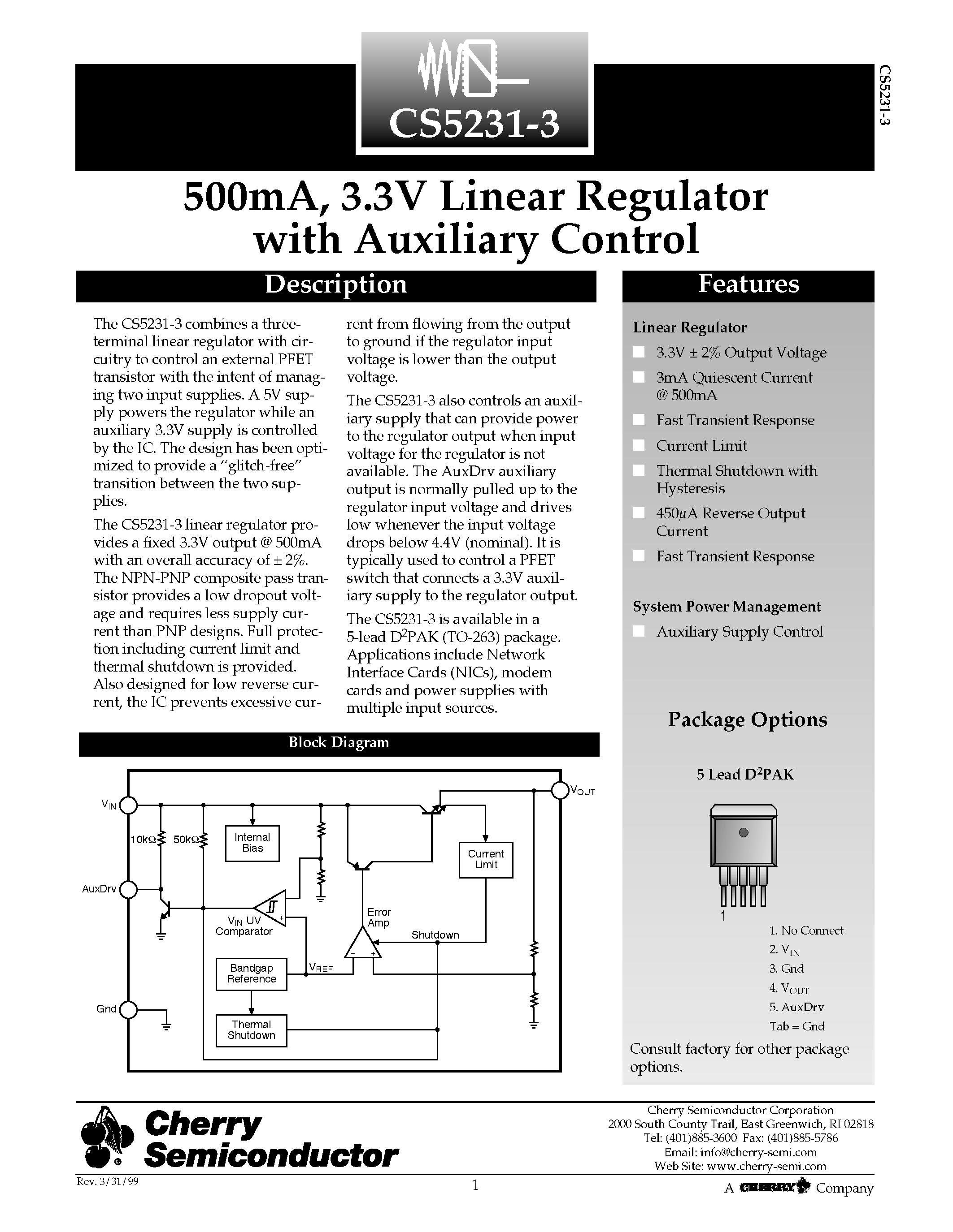 Даташит CS5231-3 - 500mA/ 3.3V Linear Regulator with Auxiliary Control страница 1