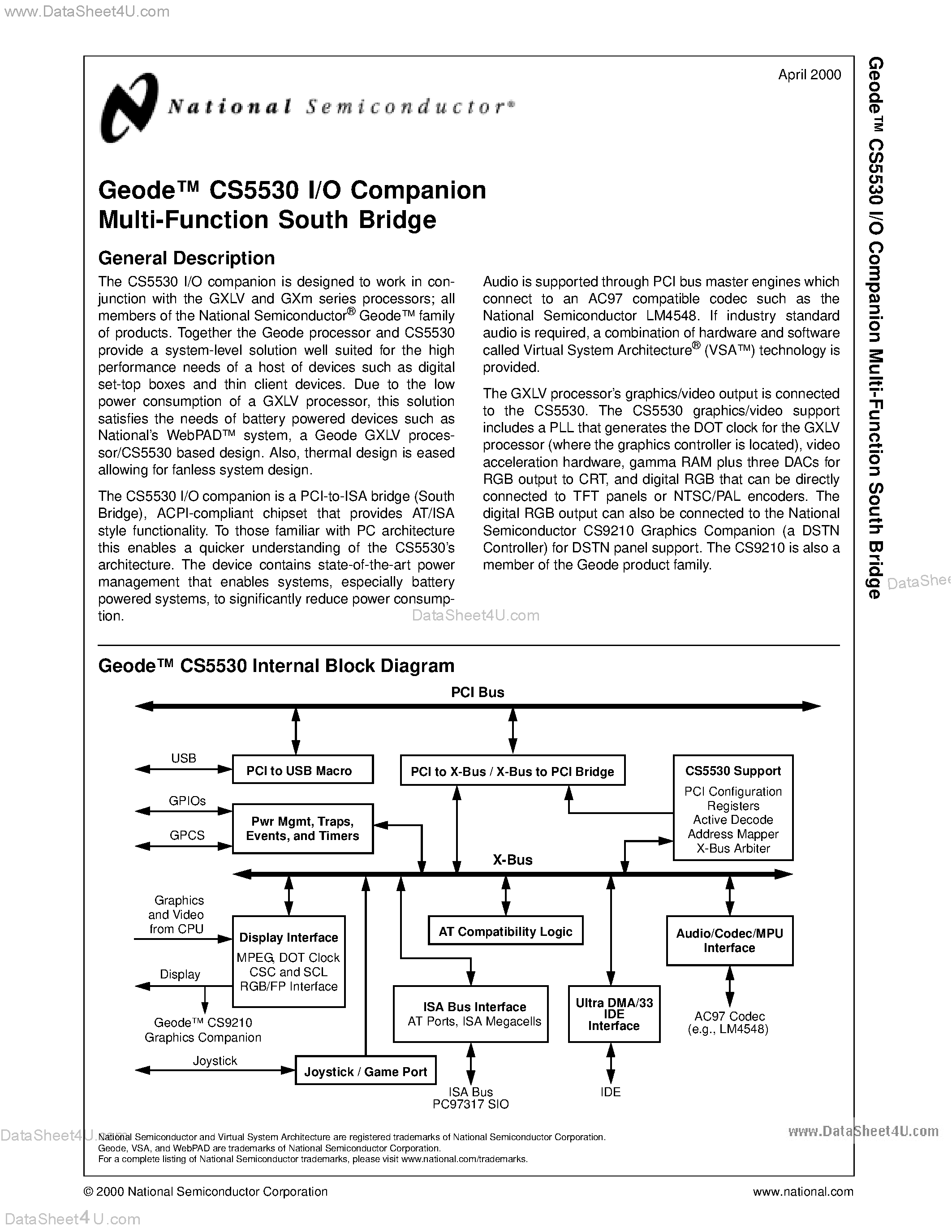 Даташит CS5530 - Geode CS5530 I/O Companion Multi-Function South Bridge страница 1