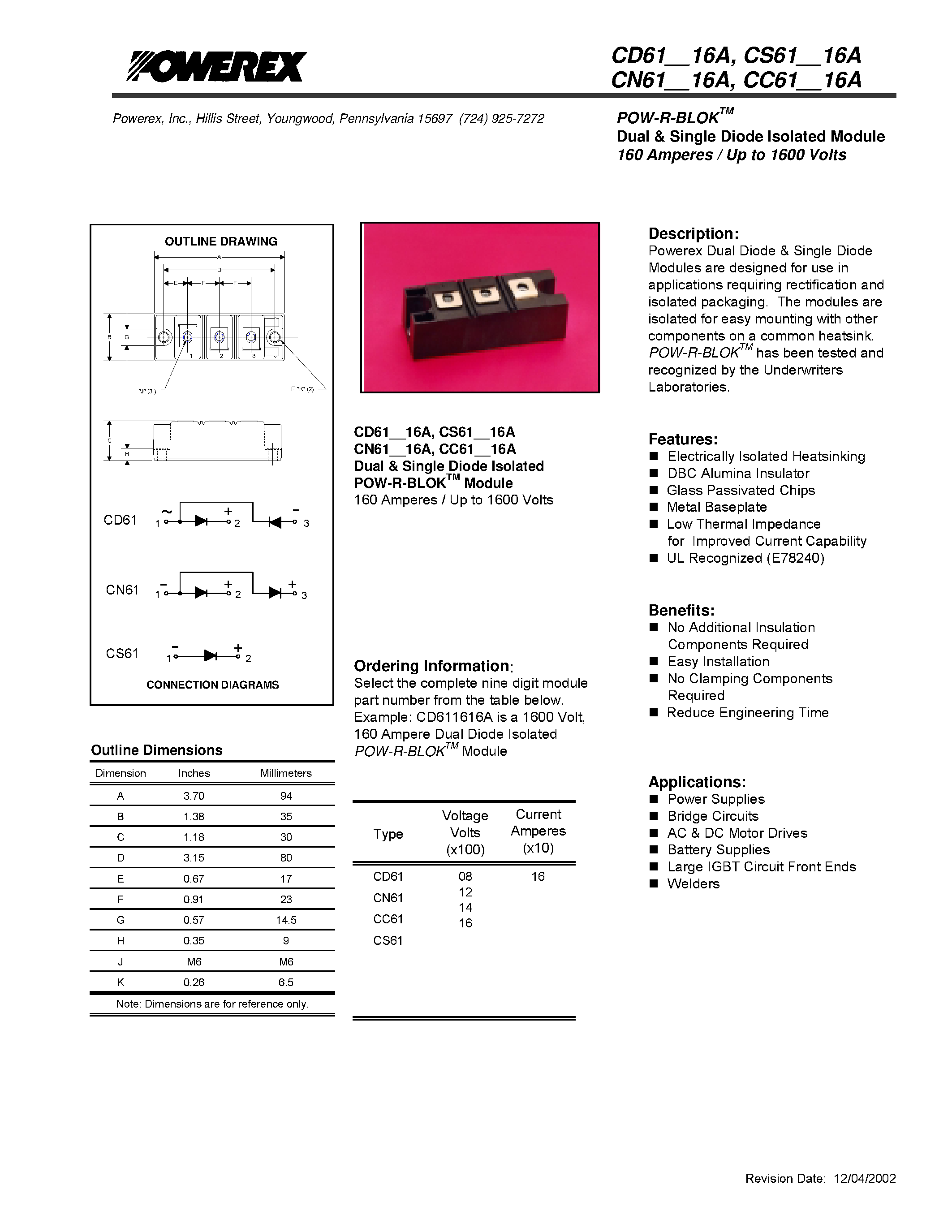 Даташит CS610816 - POW-R-BLOK Dual & Single Diode Isolated Module 160 Amperes / Up to 1600 Volts страница 1