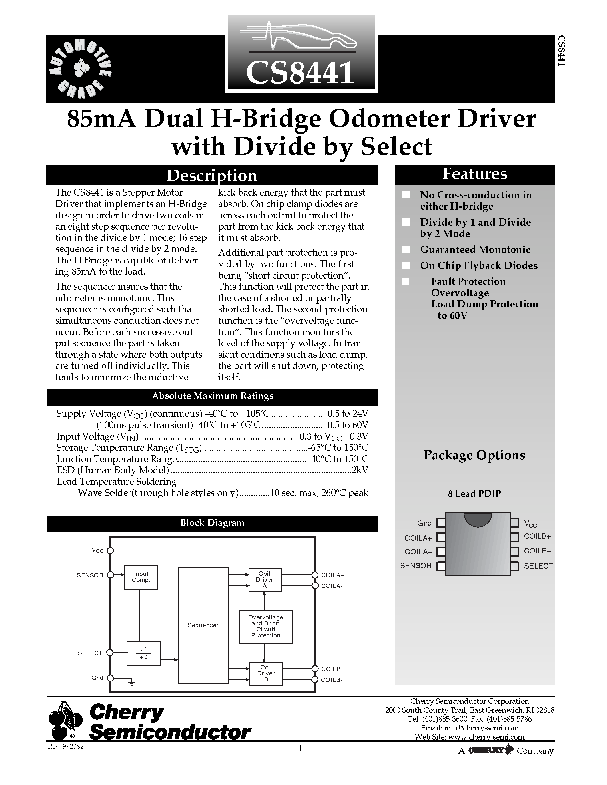 Даташит CS8441 - 85mA Dual H-Bridge Odometer Driver with Divide by Select страница 1