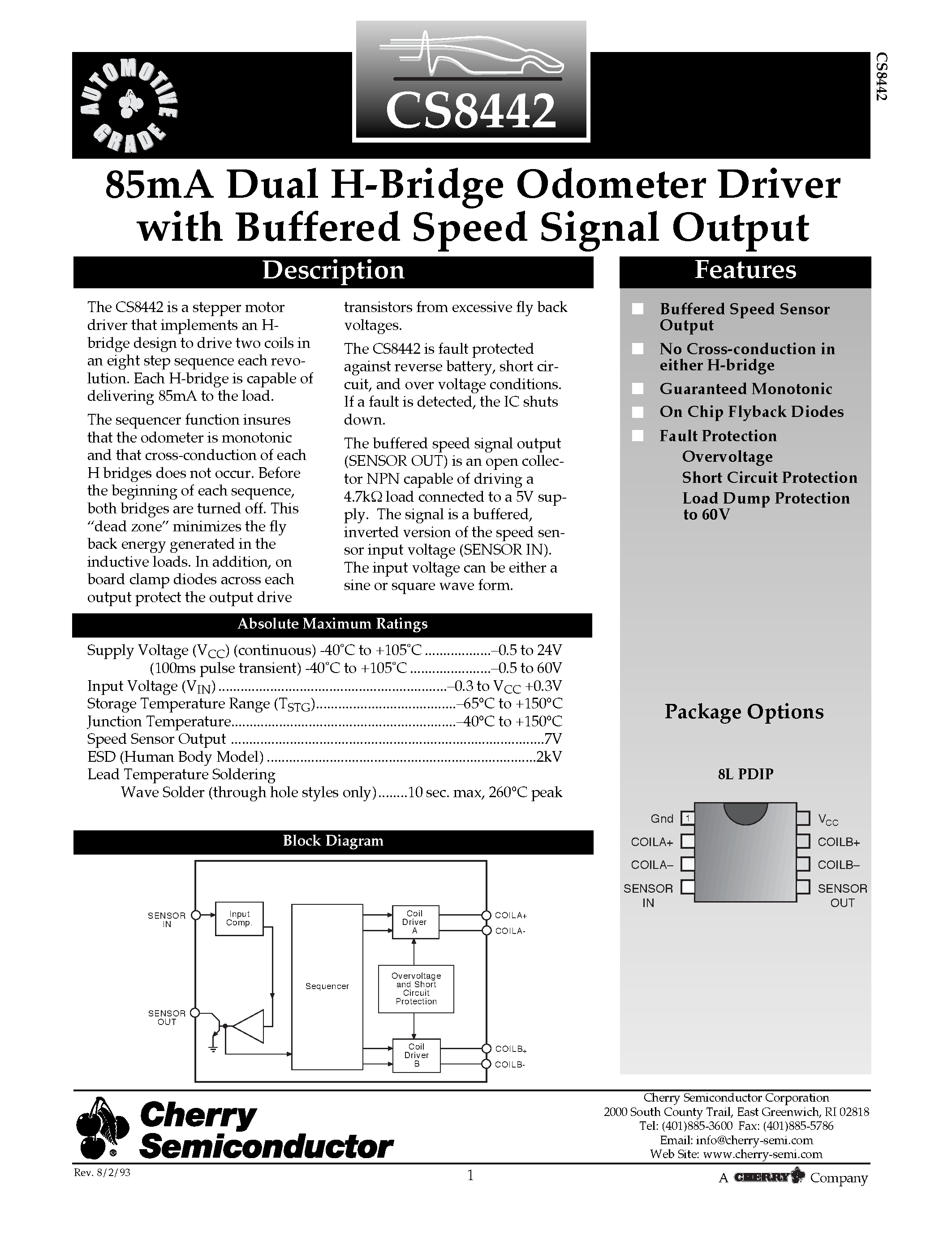 Даташит CS8442 - 85mA Dual H-Bridge Odometer Driver with Buffered Speed Signal Output страница 1