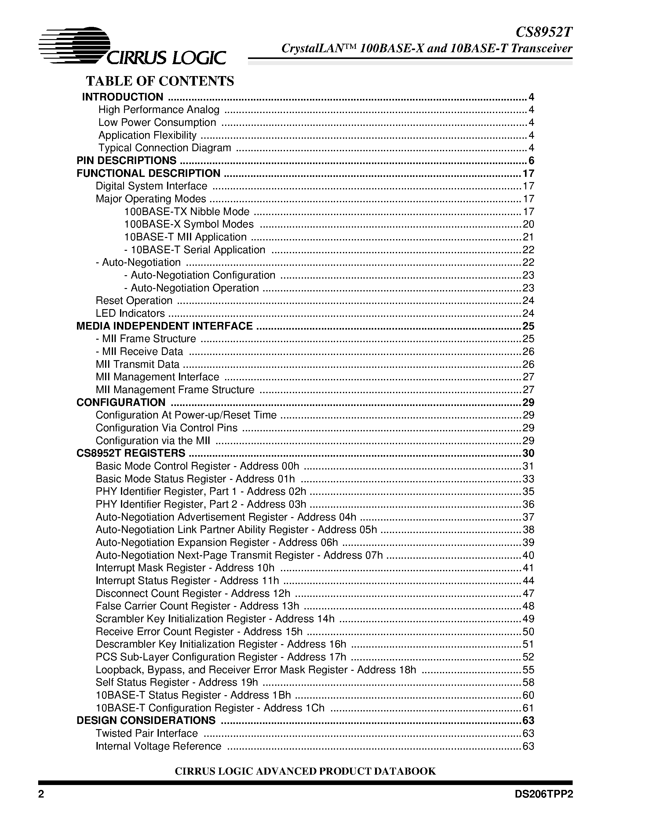 Datasheet CS8952T - 100BASE E-X AND 10BASE-T TRANSCEIVER page 2