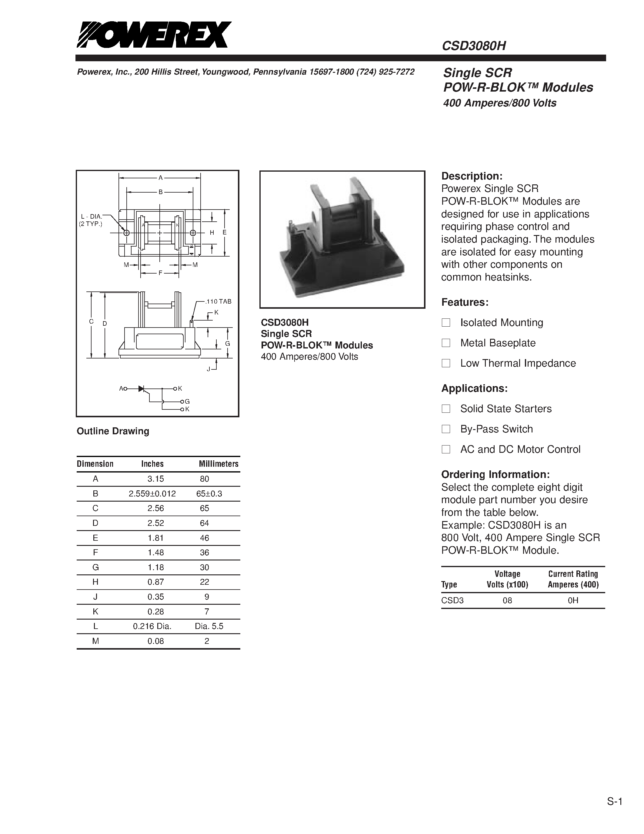 Даташит CSD3080H - Single SCR POW-R-BLOK Modules 400 Amperes/800 Volts страница 1