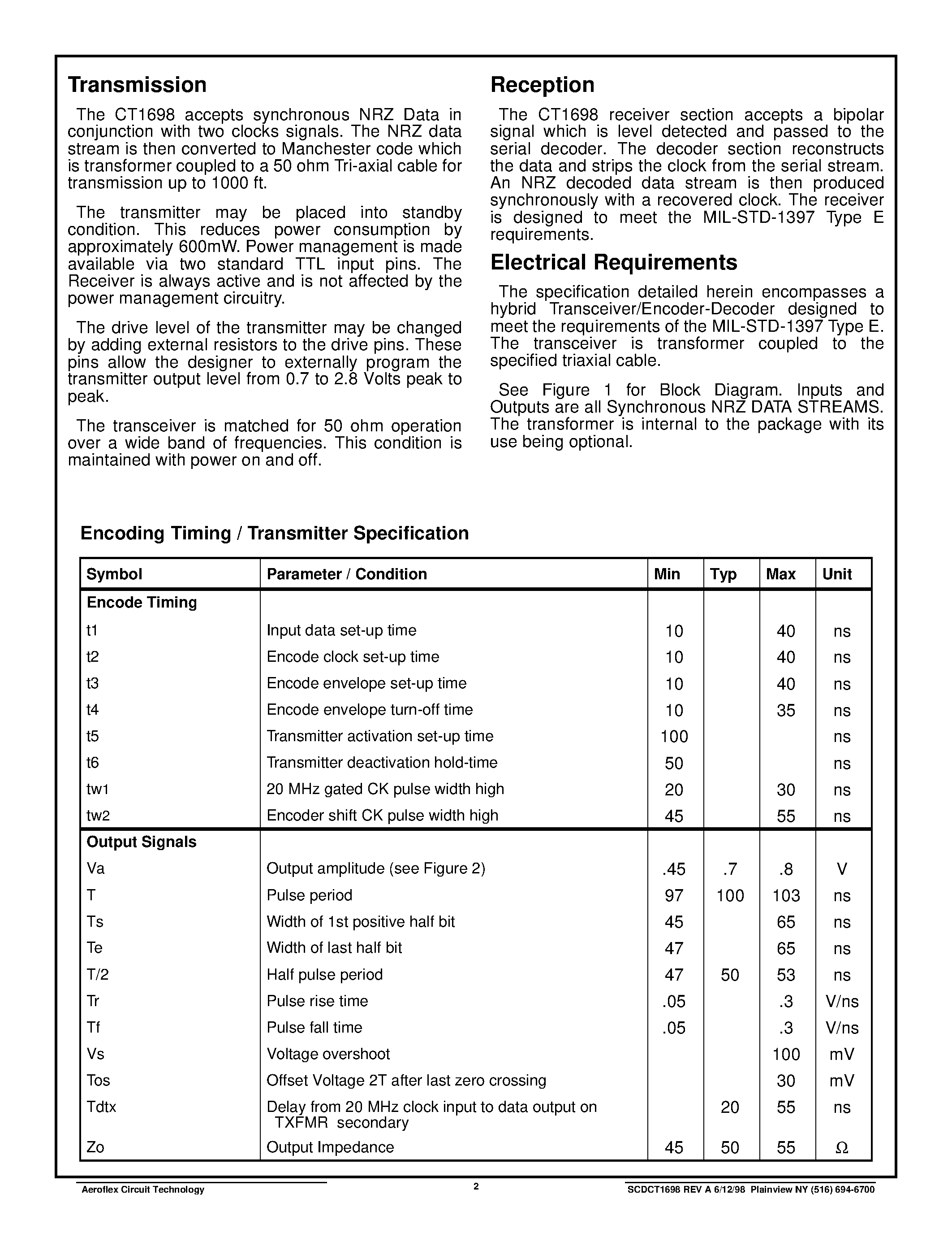 Datasheet CT1698 - CT1698 MIL-STD-1397 Type E 10MHz Low Level Serial Interface page 2