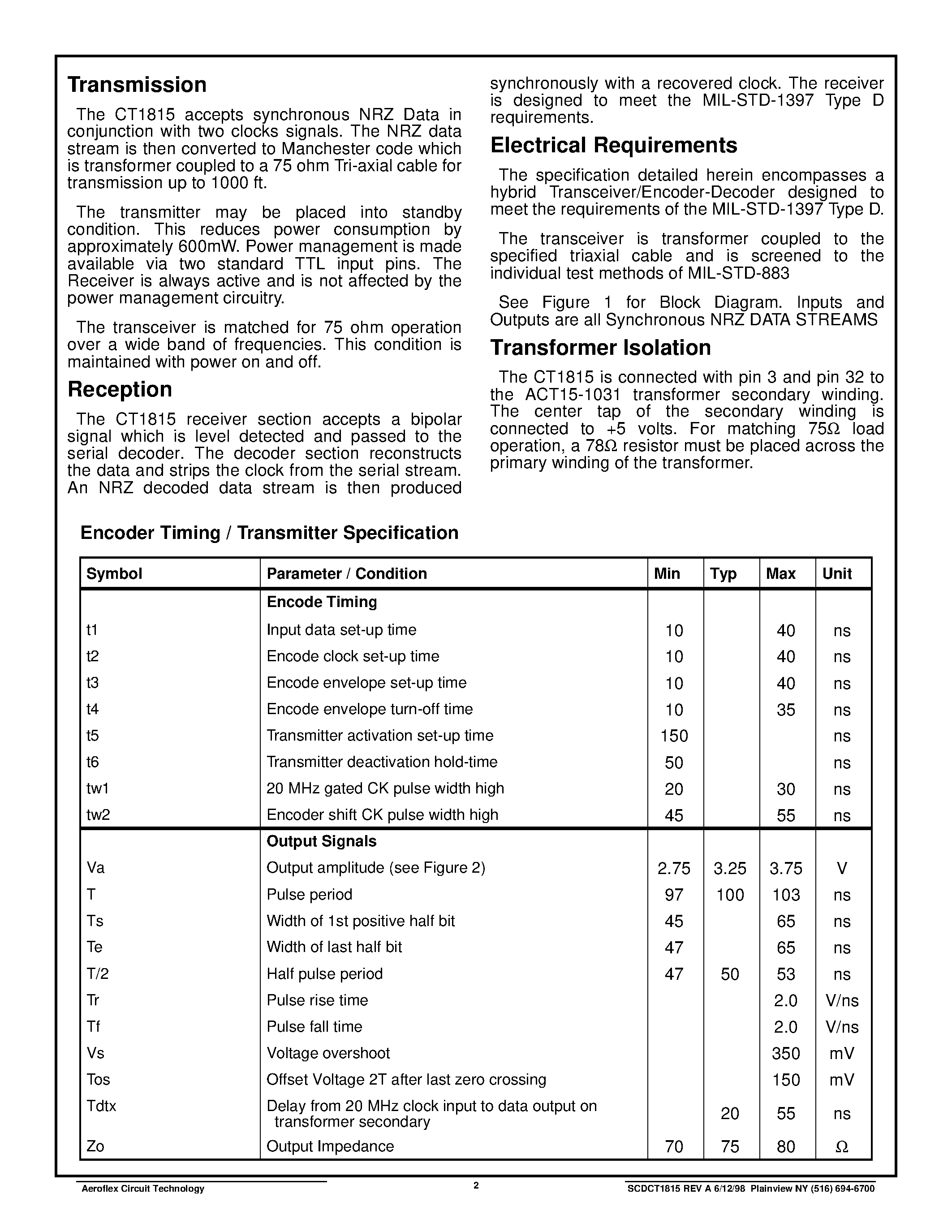 Даташит CT1815 - CT1815 10MHz Low Level Serial Interface for MIL-STD-1397 Type D страница 2