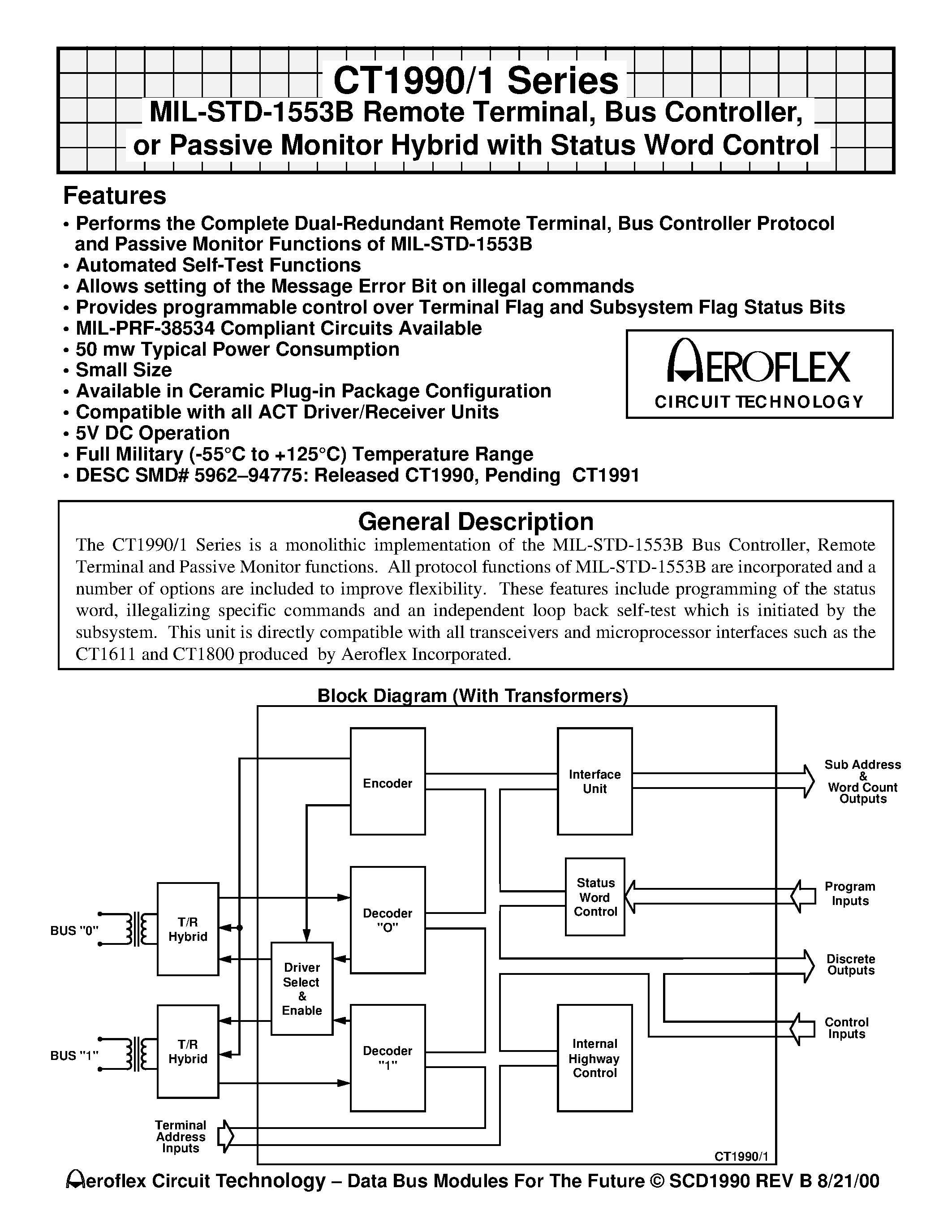 Даташит CT1990-1-20 - MIL-STD-1553B Remote Terminal/ Bus Controller/ or Passive Monitor Hybrid with Status Word Control страница 1