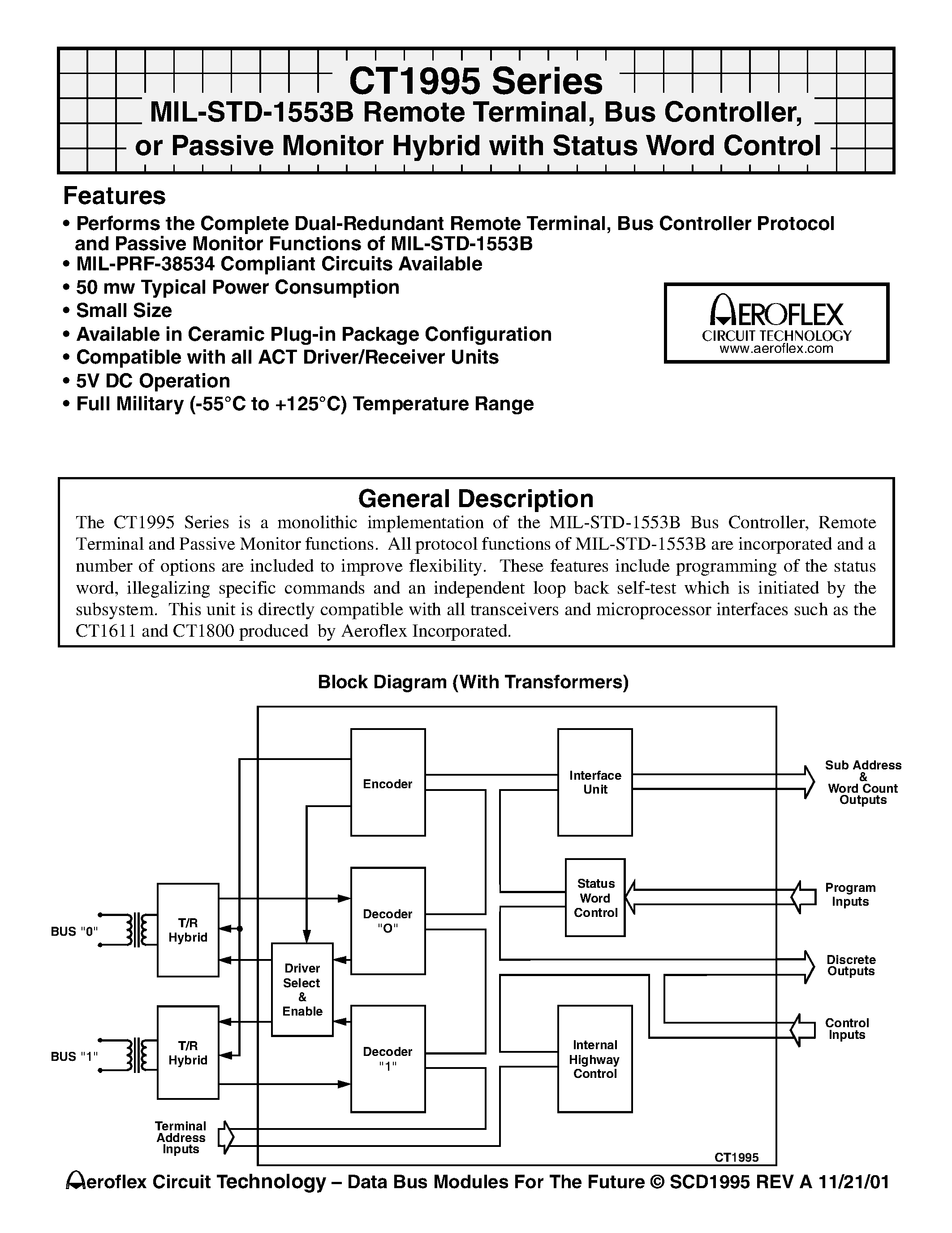 Даташит CT1995-20 - MIL-STD-1553B Remote Terminal/ Bus Controller/ or Passive Monitor Hybrid with Status Word Control страница 1