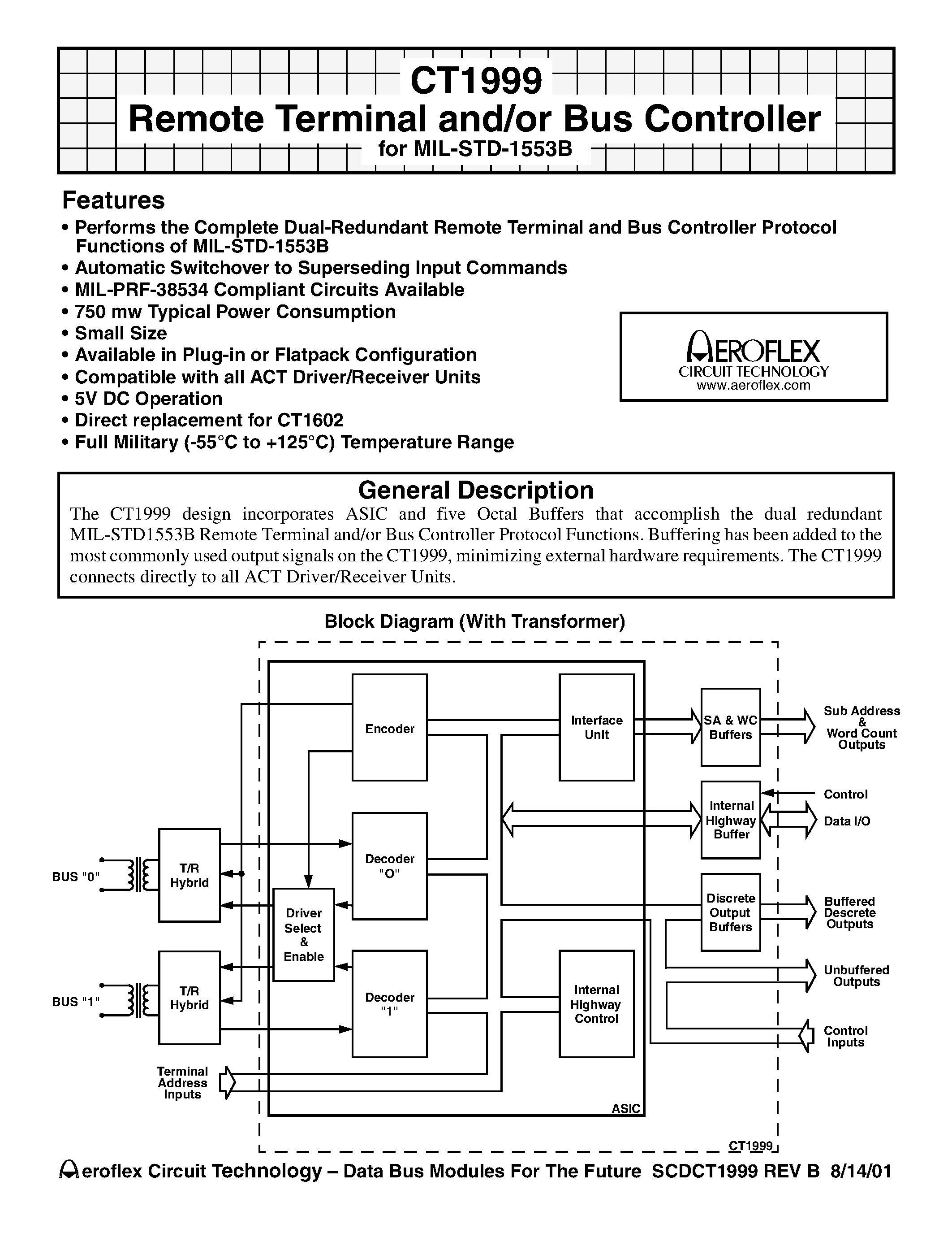 Даташит CT1999-FP - CT1999 Remote Terminal and/or Bus Controller for MIL-STD-1553B страница 1