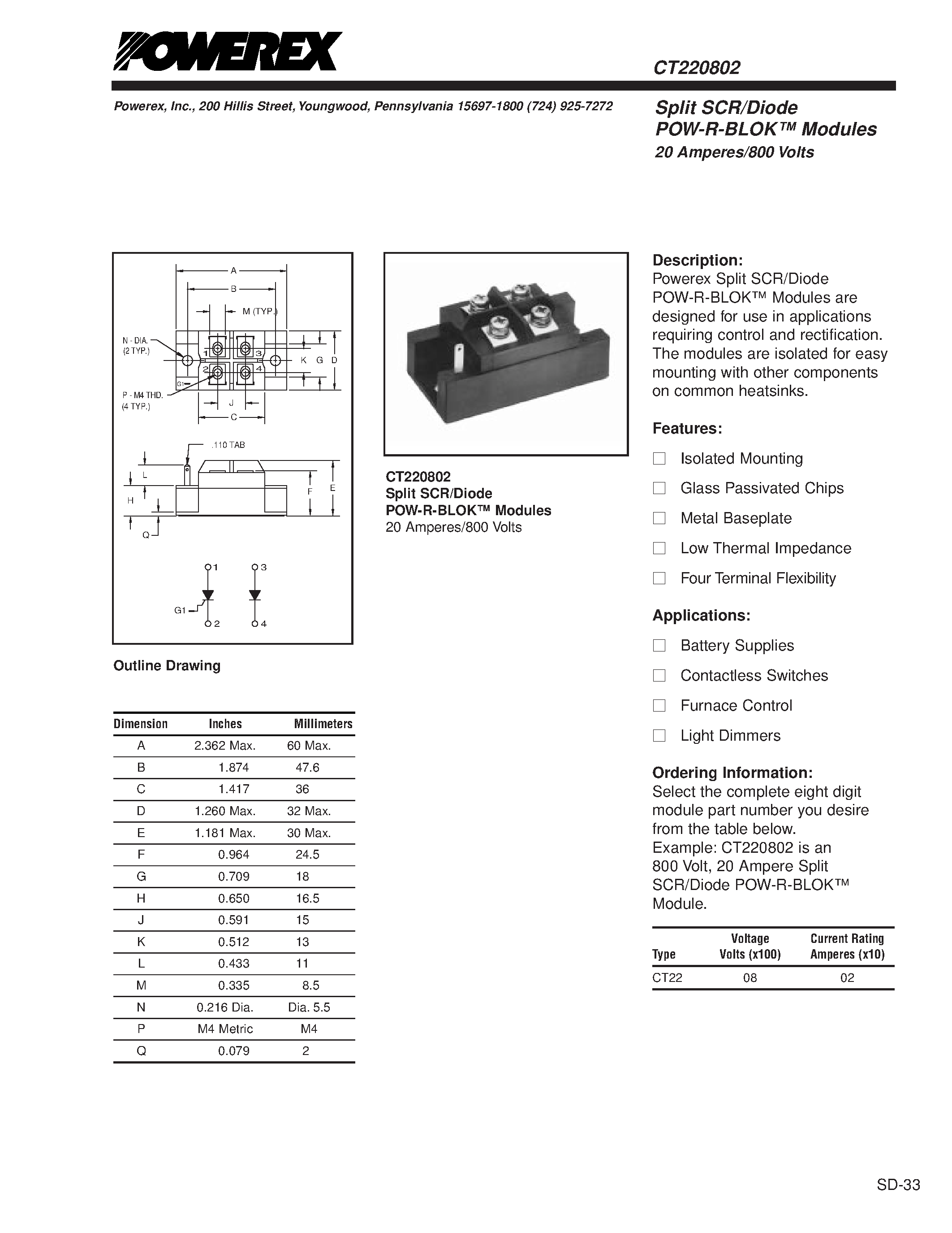 Даташит CT220802 - Split SCR/Diode POW-R-BLOK Modules 20 Amperes/800 Volts страница 1