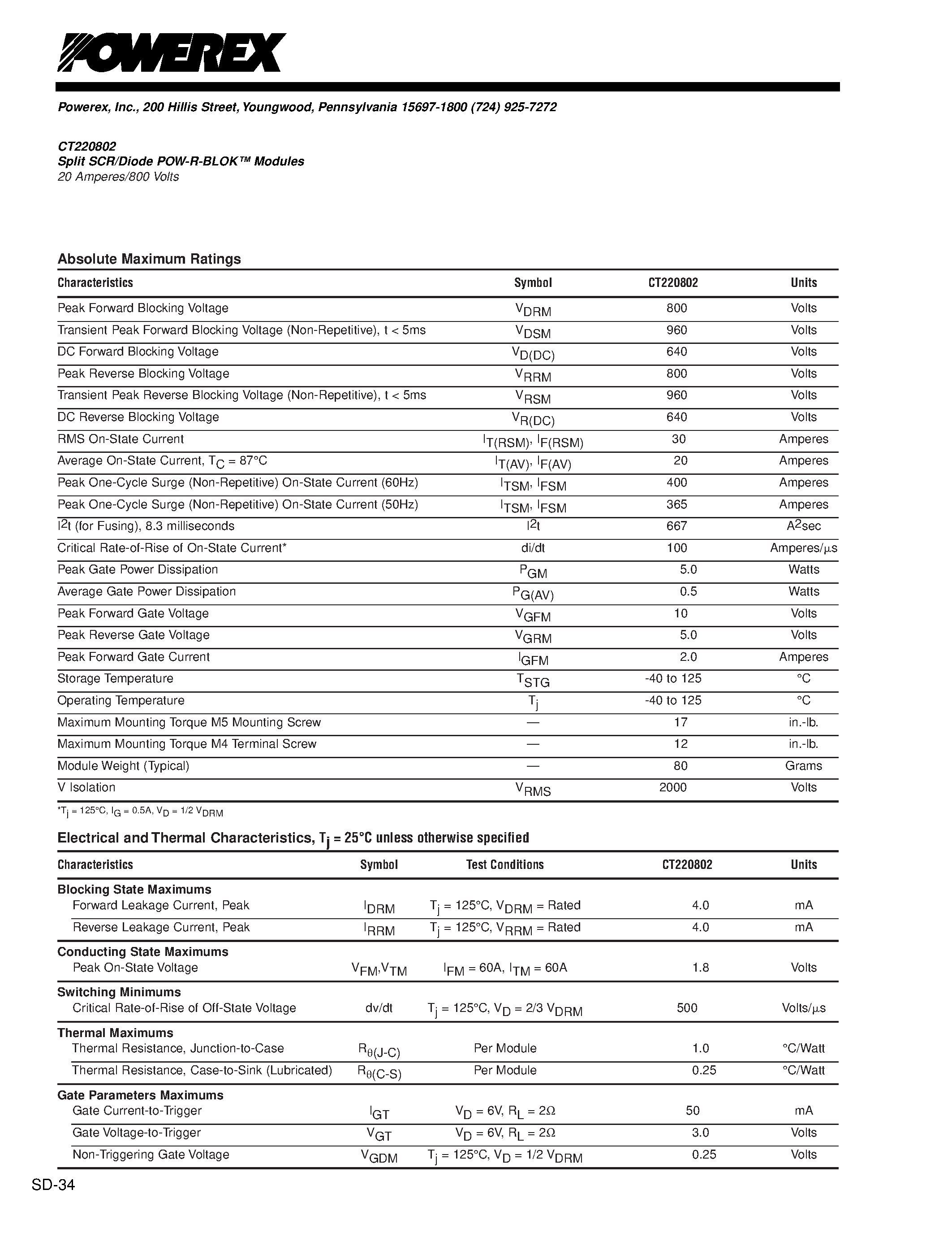 Даташит CT220802 - Split SCR/Diode POW-R-BLOK Modules 20 Amperes/800 Volts страница 2