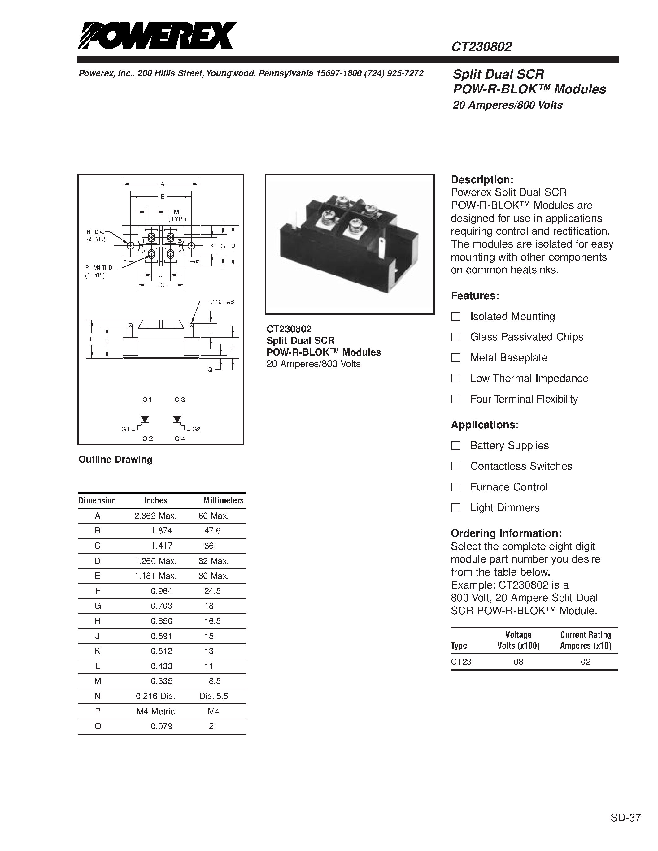 Даташит CT230802 - Split Dual SCR POW-R-BLOK Modules 20 Amperes/800 Volts страница 1