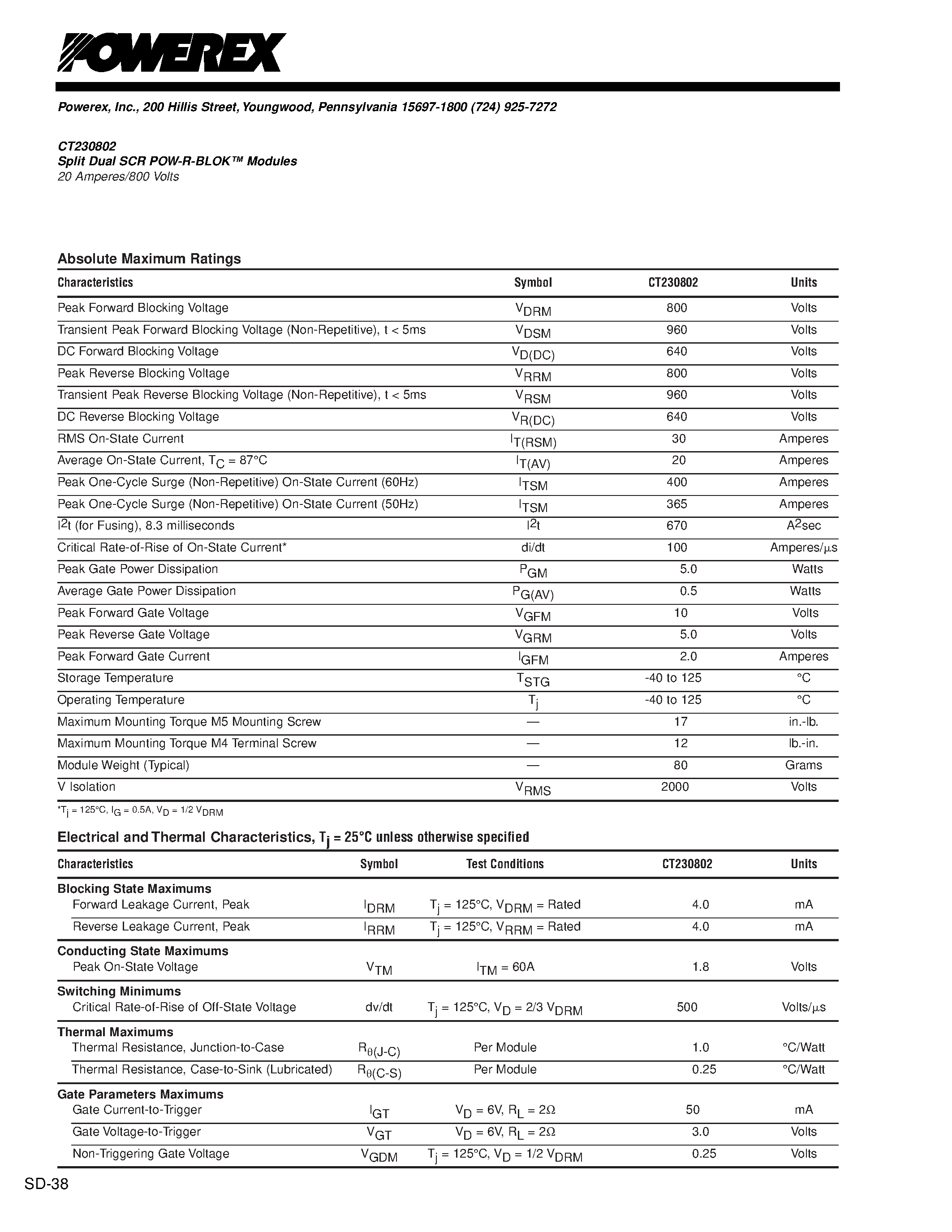 Даташит CT230802 - Split Dual SCR POW-R-BLOK Modules 20 Amperes/800 Volts страница 2