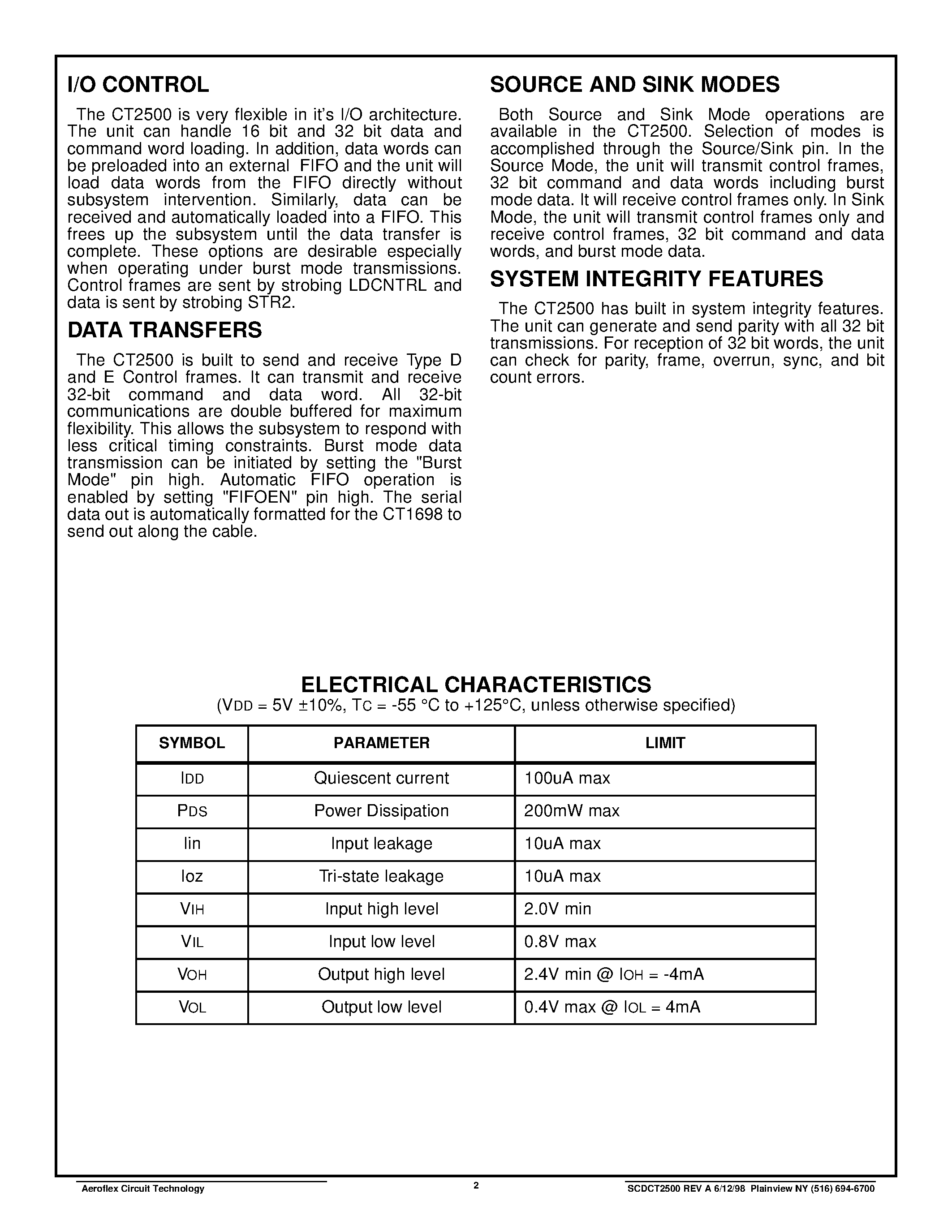 Datasheet CT2500 - CT2500 MIL-STD-1397 Type D & E Low Level Serial Interface Protocol Chip page 2