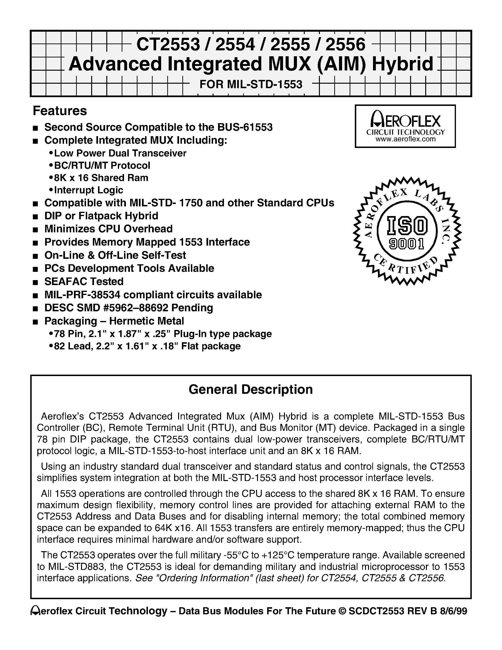 Даташит CT2553 - CT2553 / 2554 / 2555 / 2556 Advanced Integrated MUX (AIM) Hybrid FOR MIL-STD-1553 страница 1