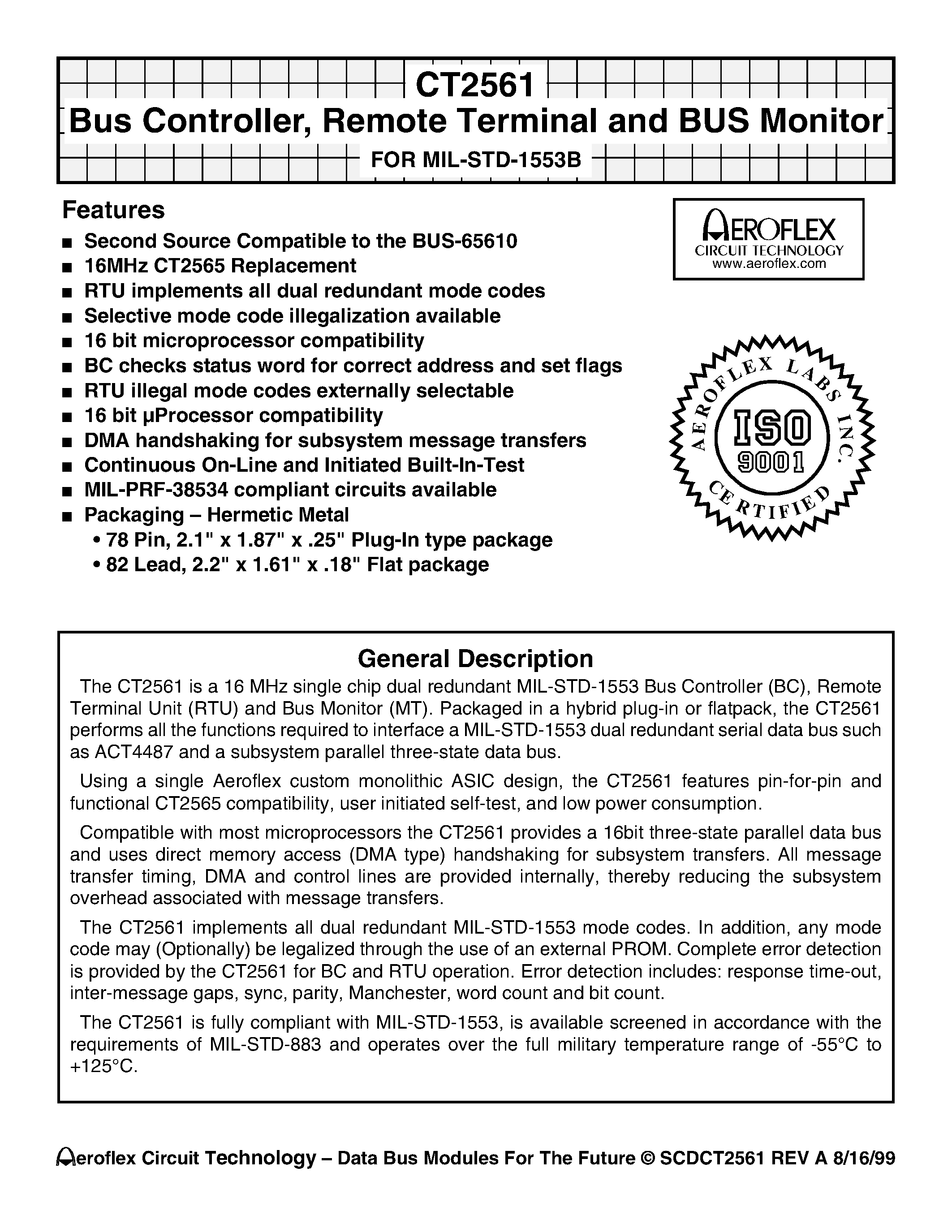 Даташит CT2561 - CT2561 Bus Controller/ Remote Terminal and BUS Monitor FOR MIL-STD-1553B страница 1