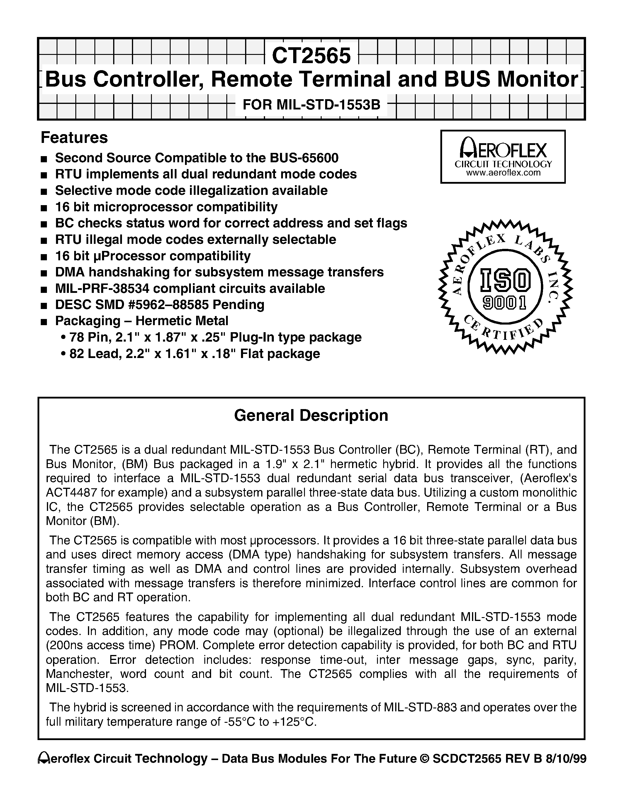 Даташит CT2565 - CT2565 Bus Controller/ Remote Terminal and BUS Monitor FOR MIL-STD-1553B страница 1