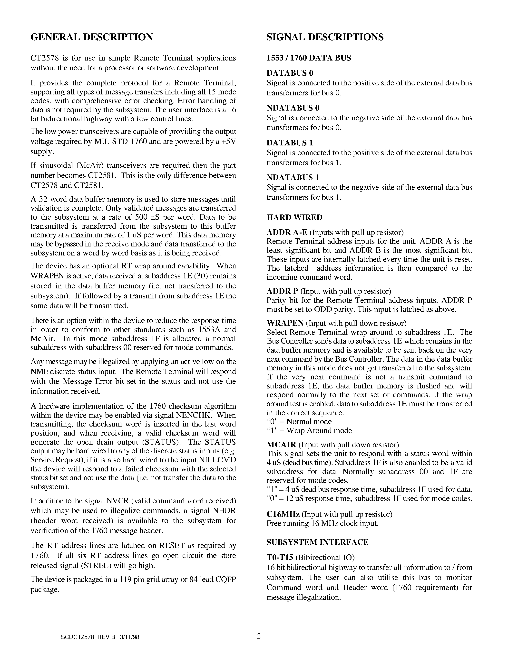 Даташит CT2578 - CT2578 / CT2581 SIMPLE REMOTE TERMINAL FOR MIL-STD-1553 / 1760 & McAir страница 2