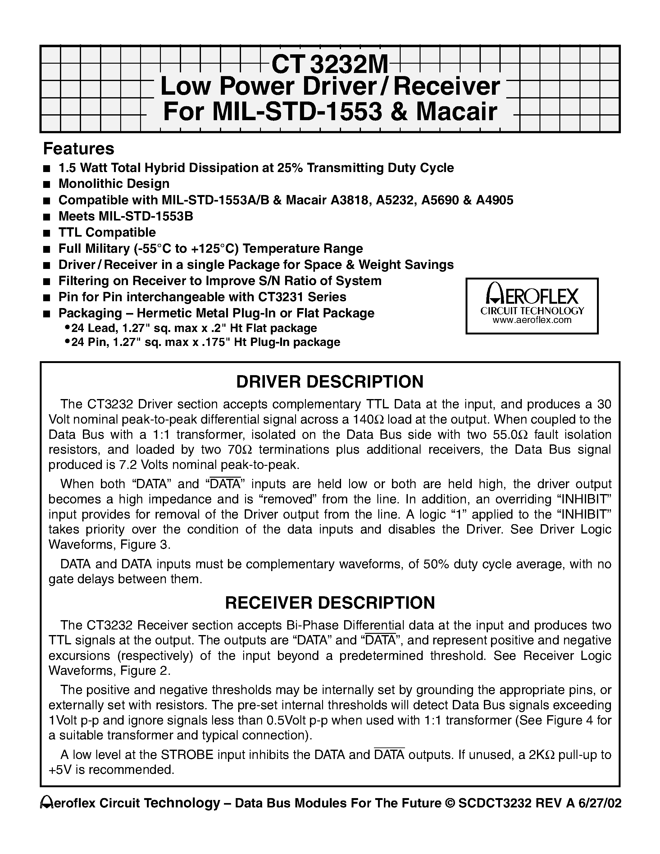 Даташит CT3232 - Low Power Driver /Receiver For MIL-STD-1553 & Macair страница 1