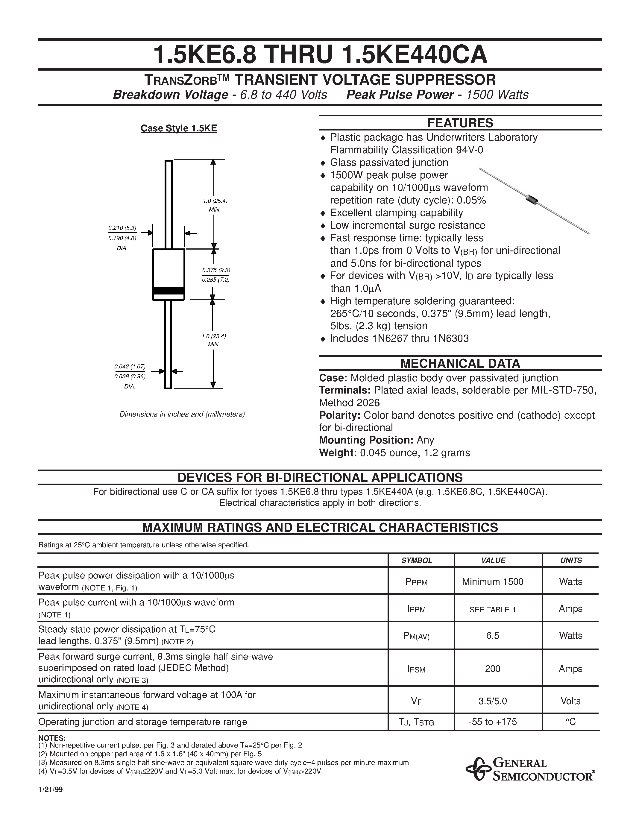 Даташит 1.5KE130 - TRANSZORB TRANSIENT VOLTAGE SUPPRESSOR страница 1