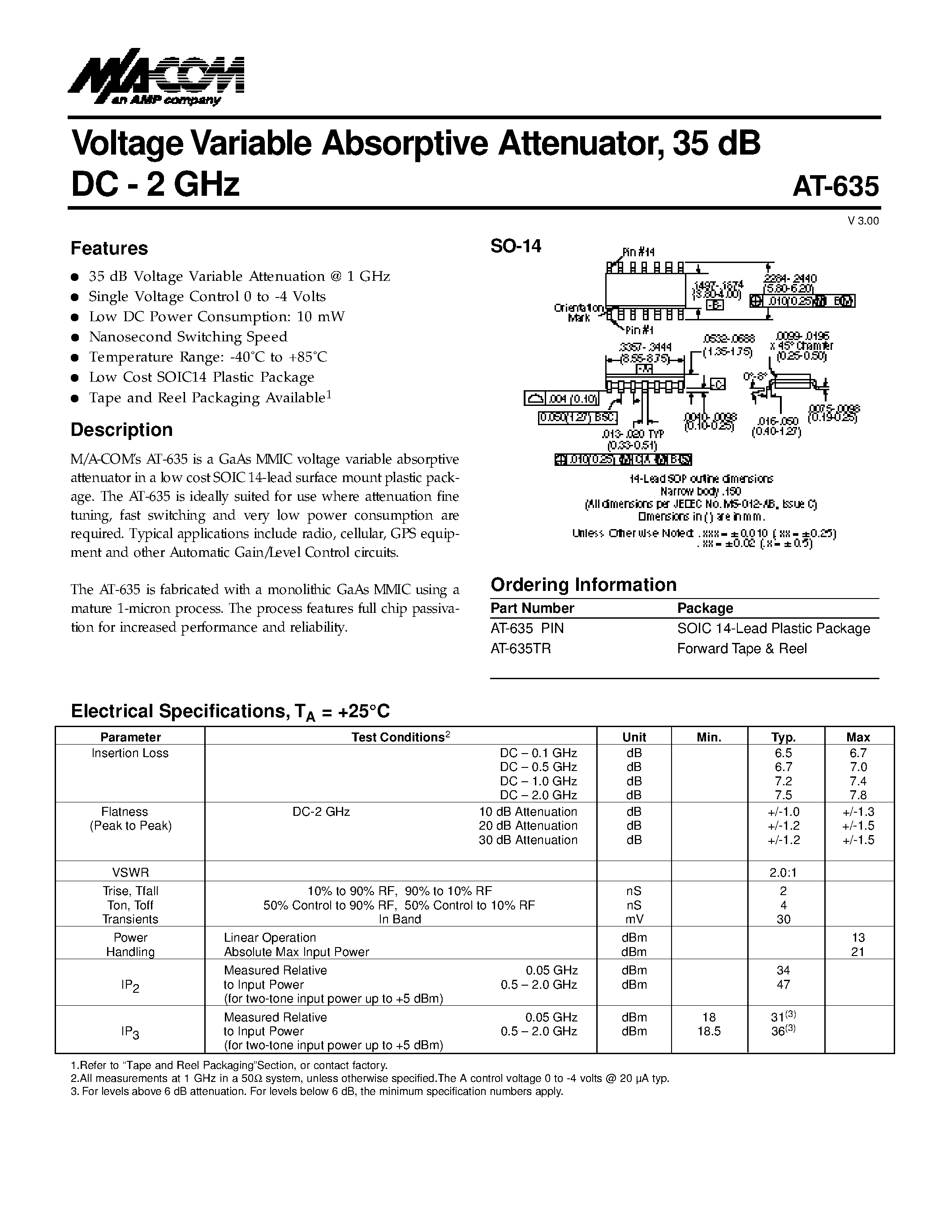 Datasheet AT-635PIN - Vo l t age Va r i a ble Absorptive Attenu a t o r/ 35 dB DC - 2 GHz page 1