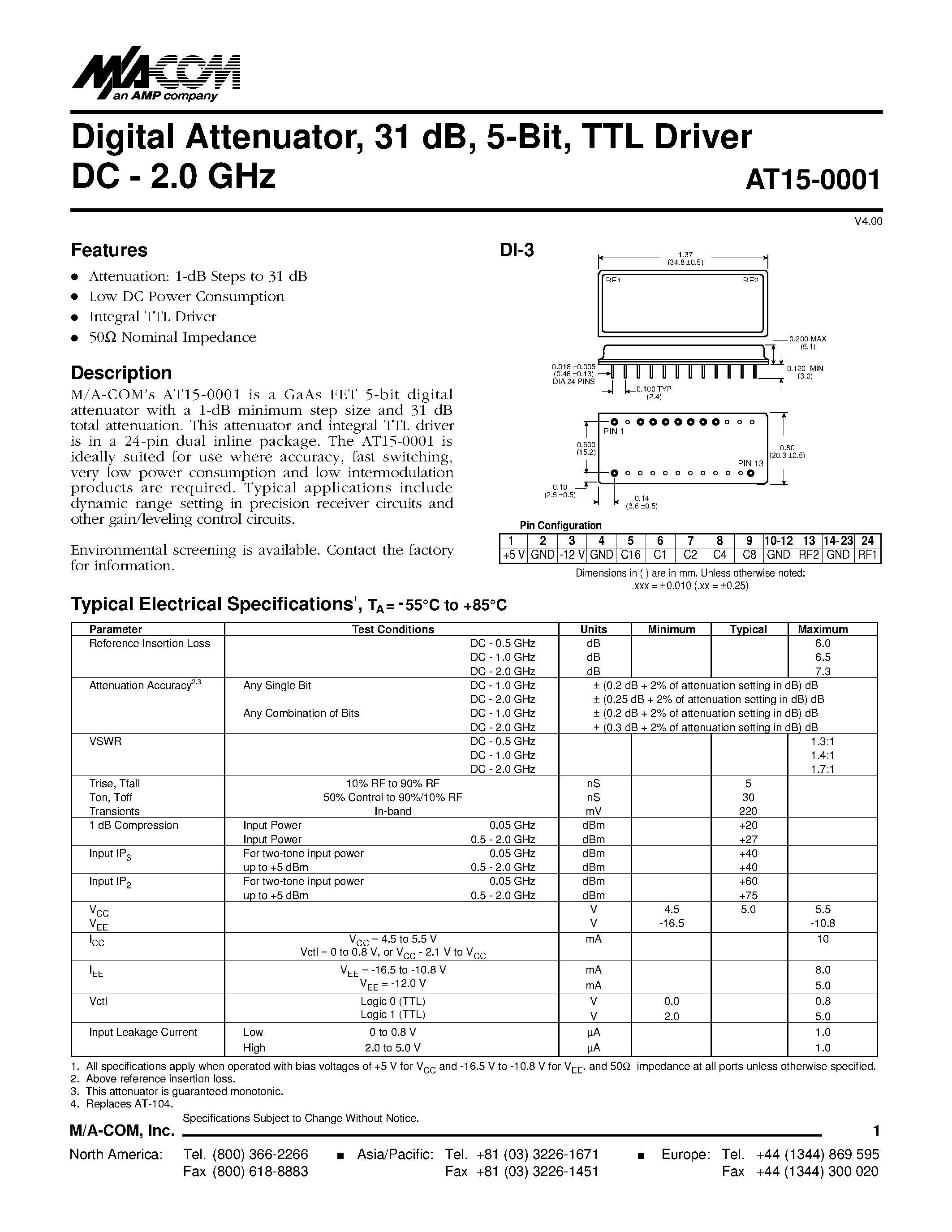 Даташит AT15-0001 - Digital Attenuator/ 31 dB/ 5-Bit/ TTL Driver DC - 2.0 GHz страница 1