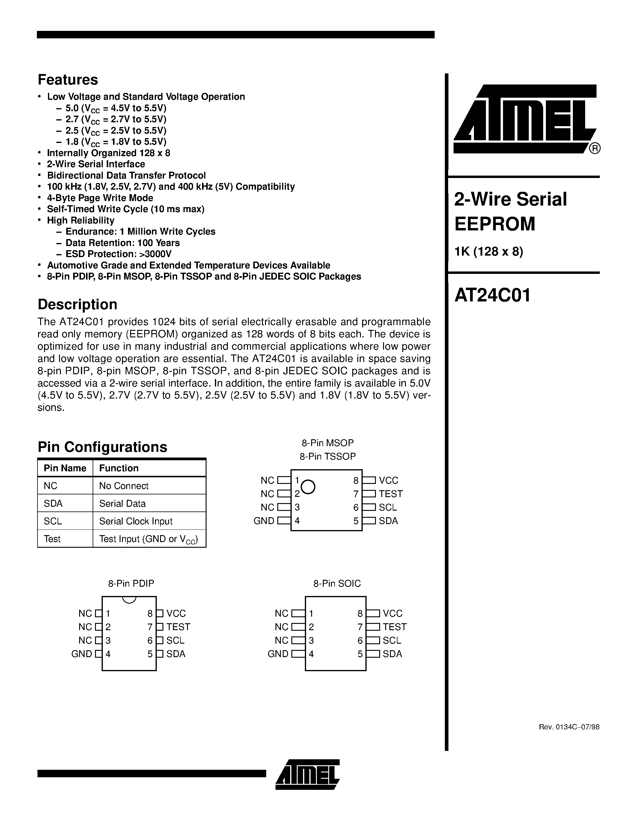 Даташит AT24C01-10MC-1.8 - 2-Wire Serial EEPROM страница 1