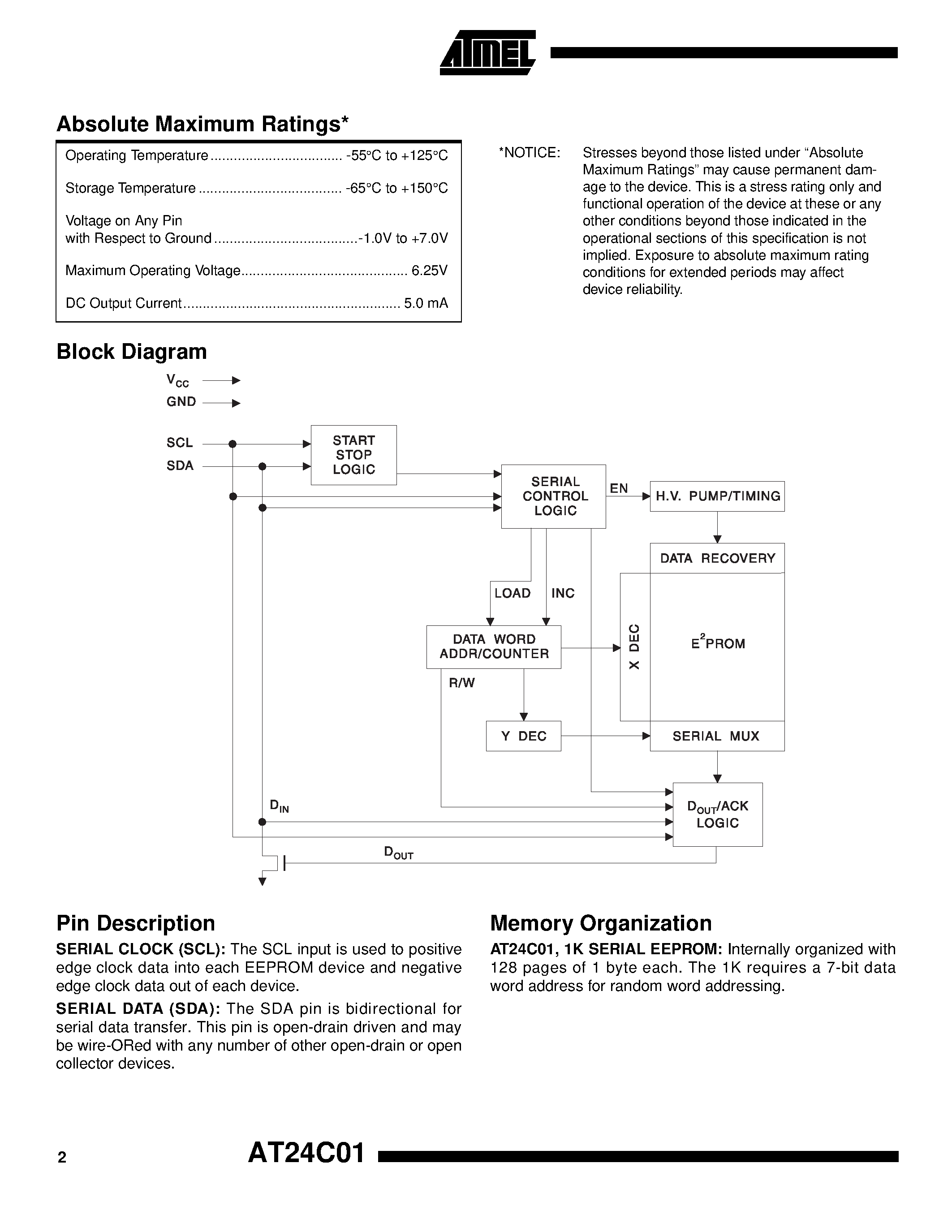 Datasheet AT24C01-10MI-1.8 - 2-Wire Serial EEPROM page 2