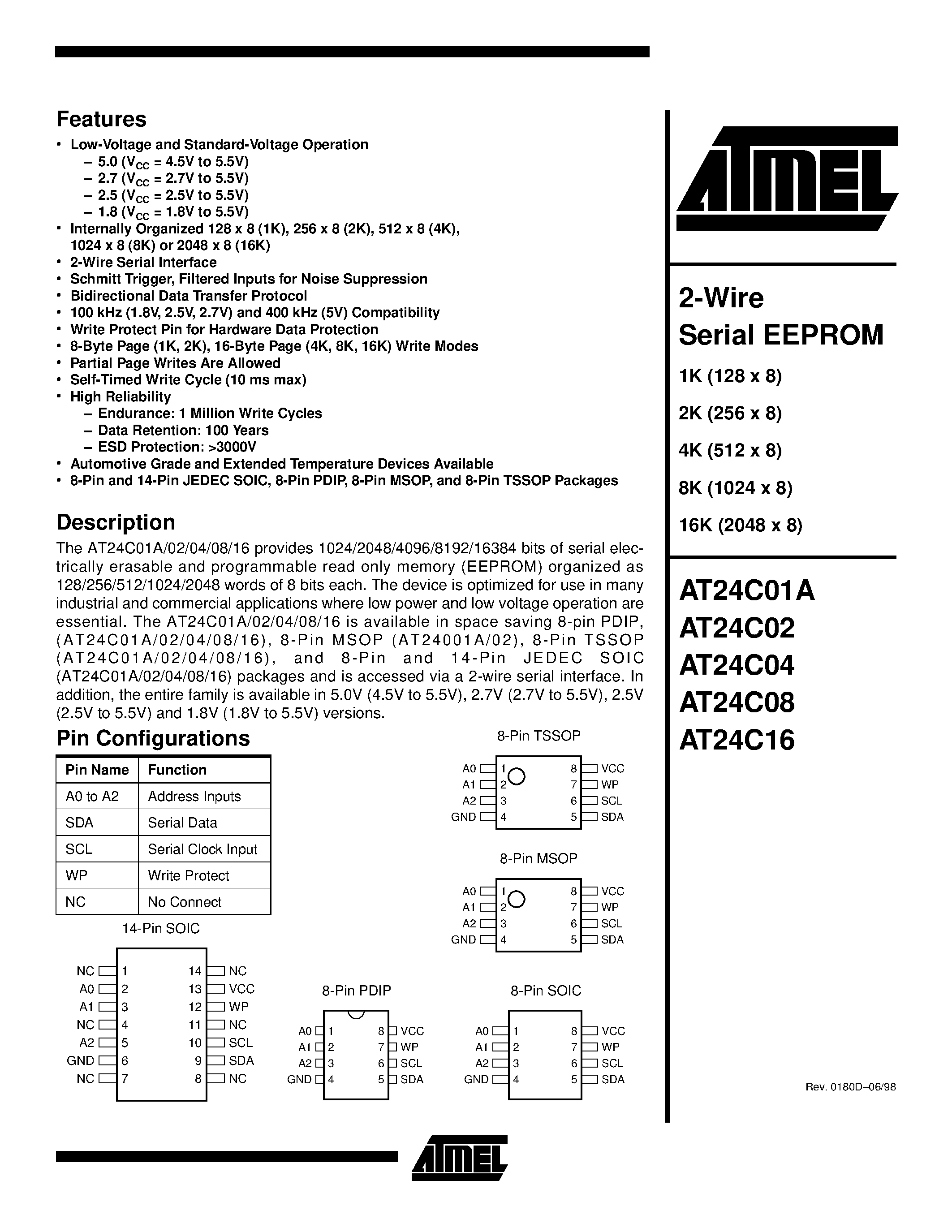 Даташит AT24C01A-10MI-1.8 - 2-Wire Serial EEPROM страница 1