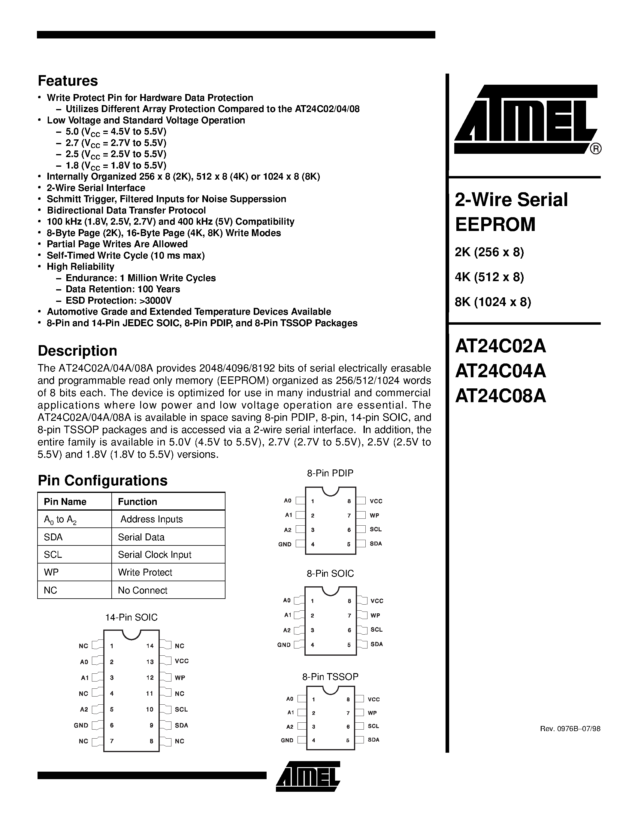 Даташит AT24C02A-10PC-1.8 - 2-Wire Serial EEPROM страница 1