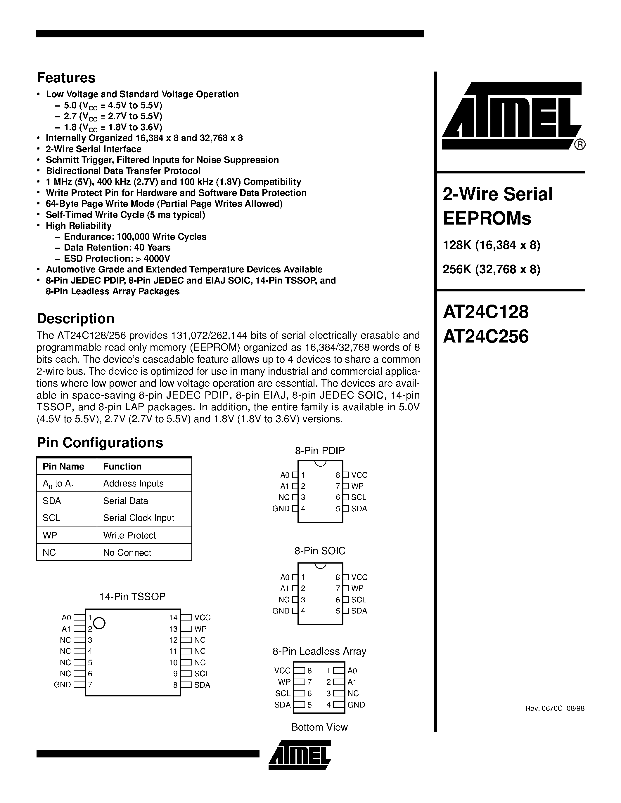 Даташит AT24C128-10CC-1.8 - 2-Wire Serial EEPROMs страница 1