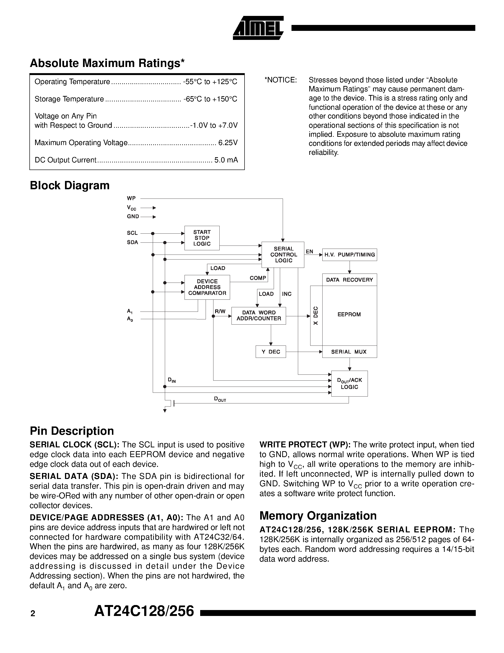 Даташит AT24C128-10CC-1.8 - 2-Wire Serial EEPROMs страница 2