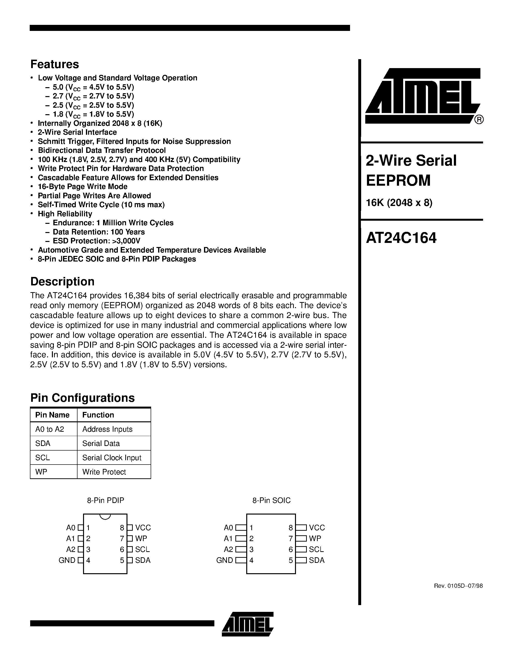 Даташит AT24C164-10PC-1.8 - 2-Wire Serial EEPROM страница 1