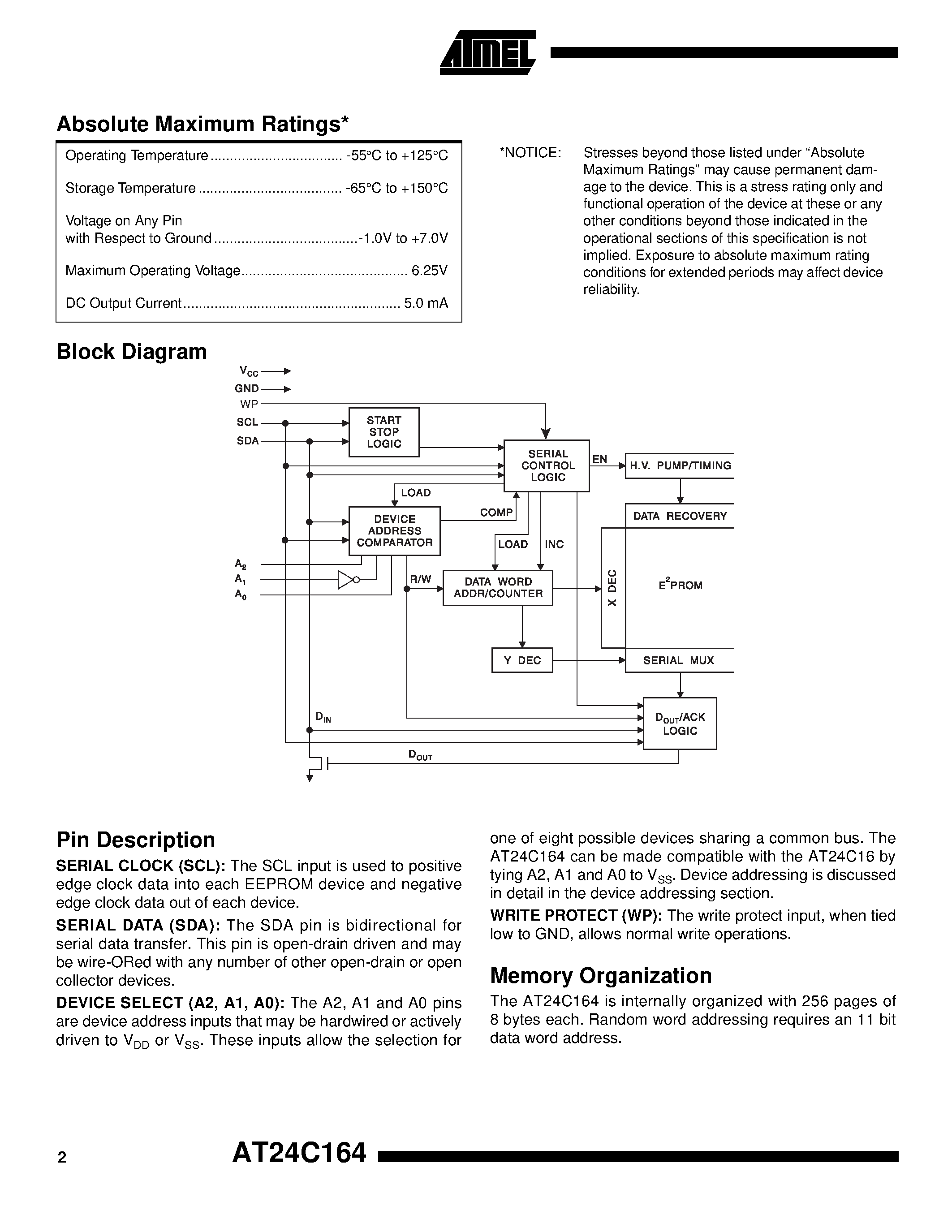 Даташит AT24C164-10PC-1.8 - 2-Wire Serial EEPROM страница 2