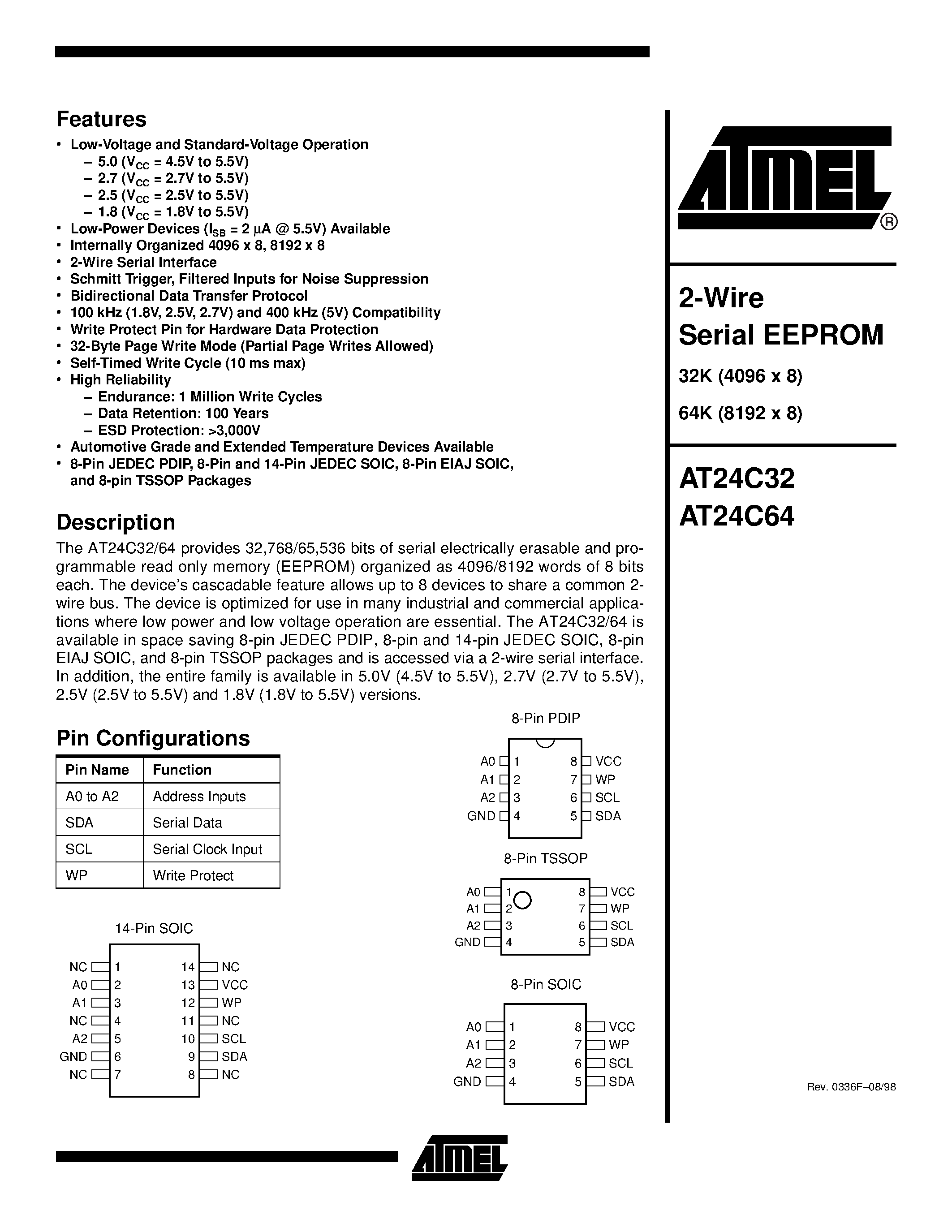 Даташит AT24C32-10PI-1.8 - 2-Wire Serial EEPROM страница 1