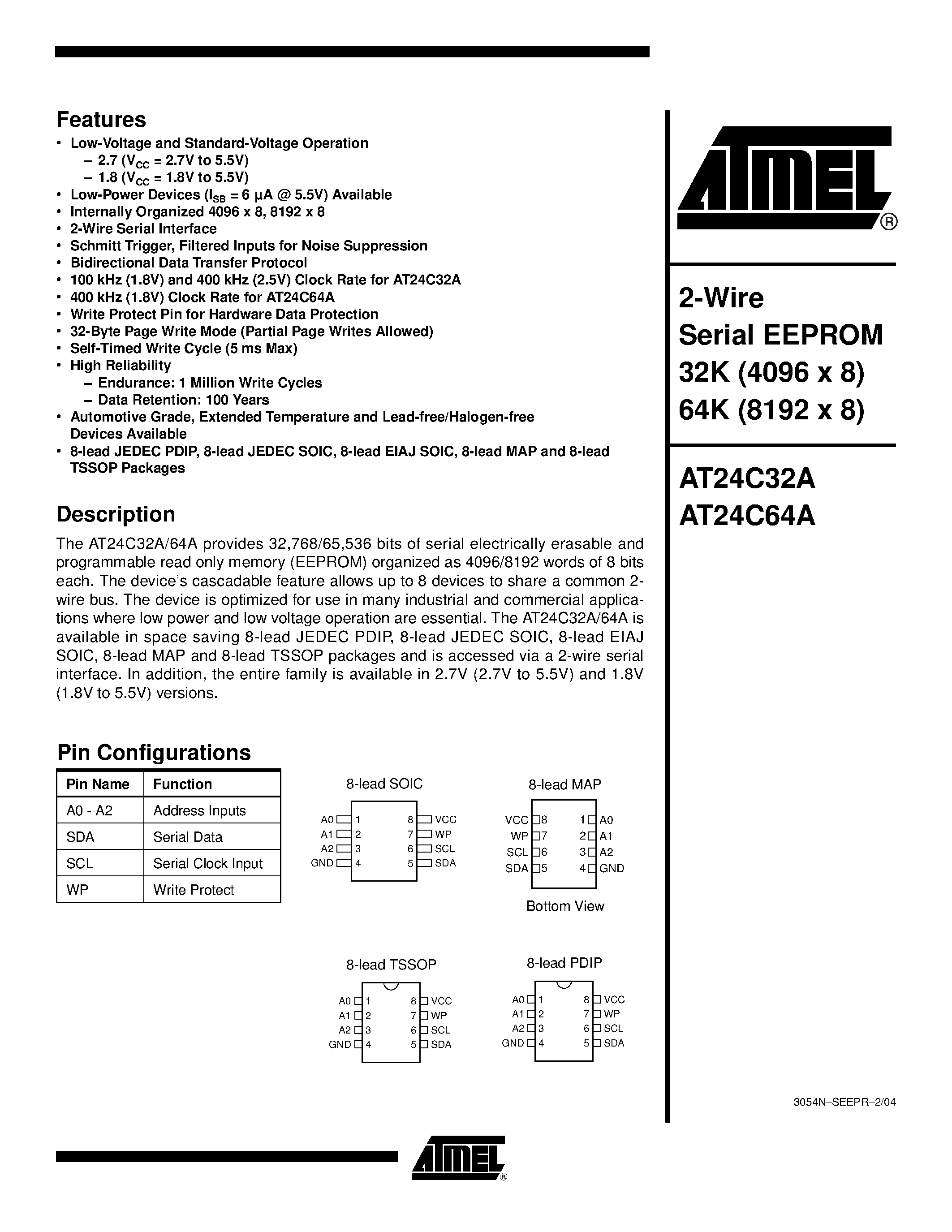 Datasheet AT24C32A-10PI-2.7 - 2-Wire Serial EEPROM 32K (4096 x 8) 64K (8192 x 8) page 1