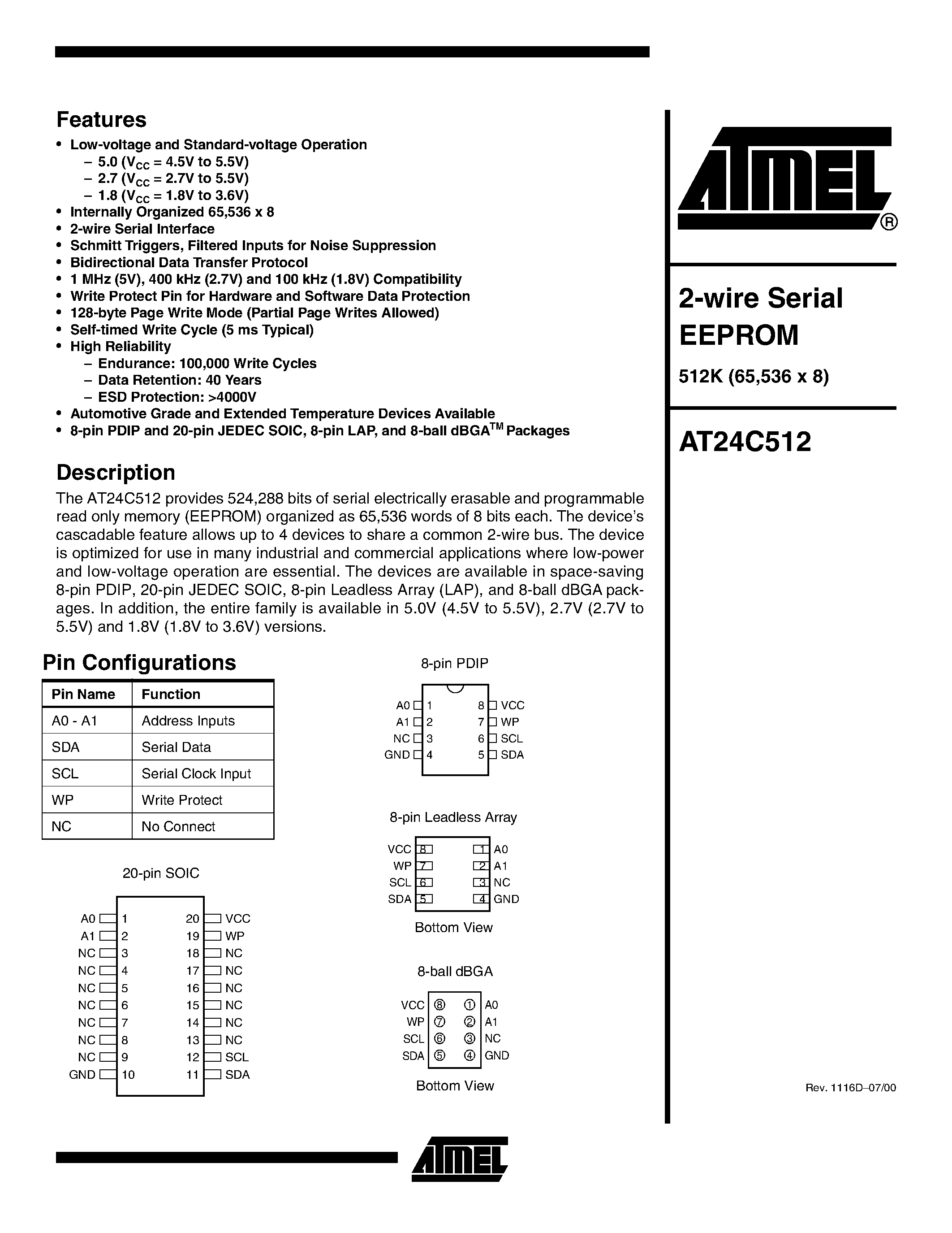 Даташит AT24C512-10PC-1.8 - 2-wire Serial EEPROM страница 1