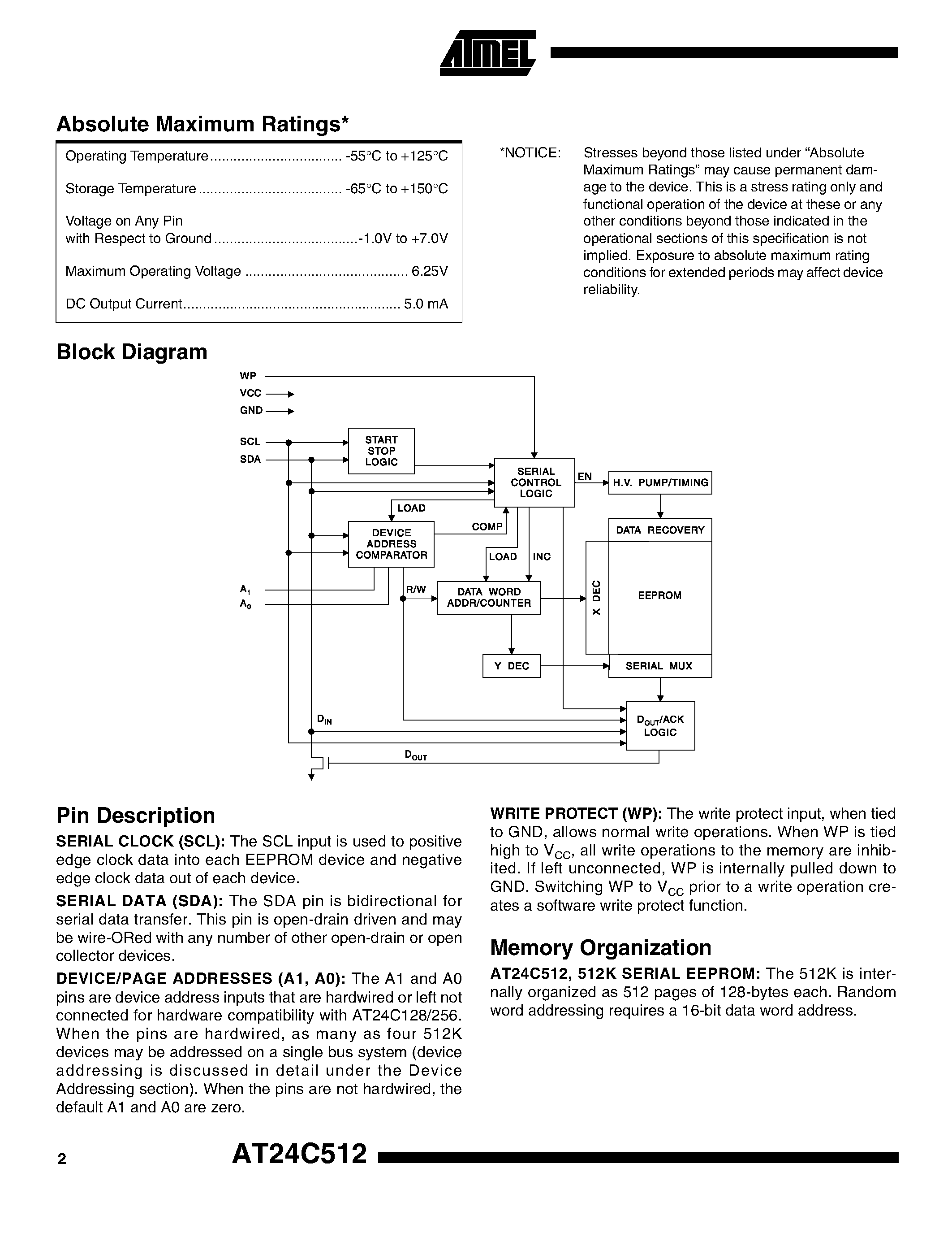 Даташит AT24C512-10PC-1.8 - 2-wire Serial EEPROM страница 2