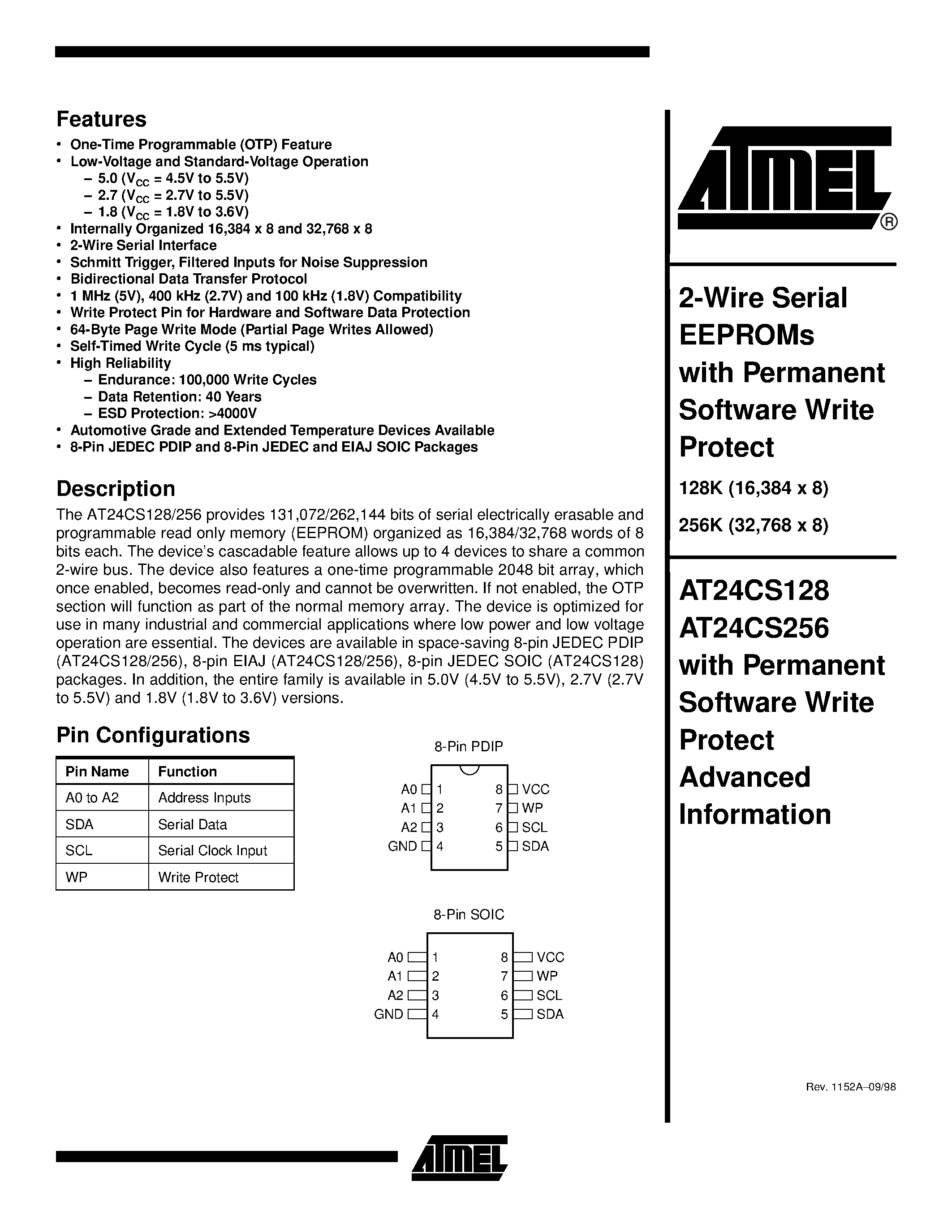 Даташит AT24CS128-10PC-1.8 - 2-Wire Serial EEPROMs with Permanent Software Write Protect страница 1