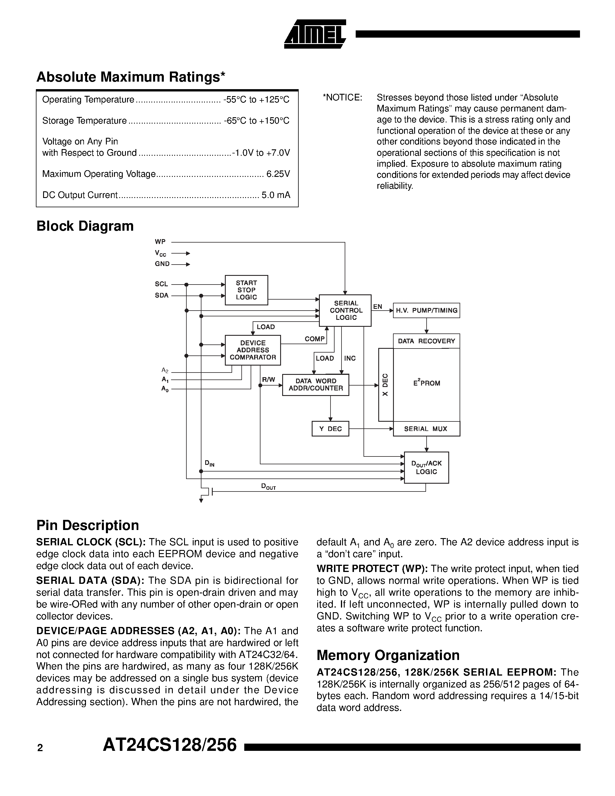 Даташит AT24CS128-10PC-1.8 - 2-Wire Serial EEPROMs with Permanent Software Write Protect страница 2