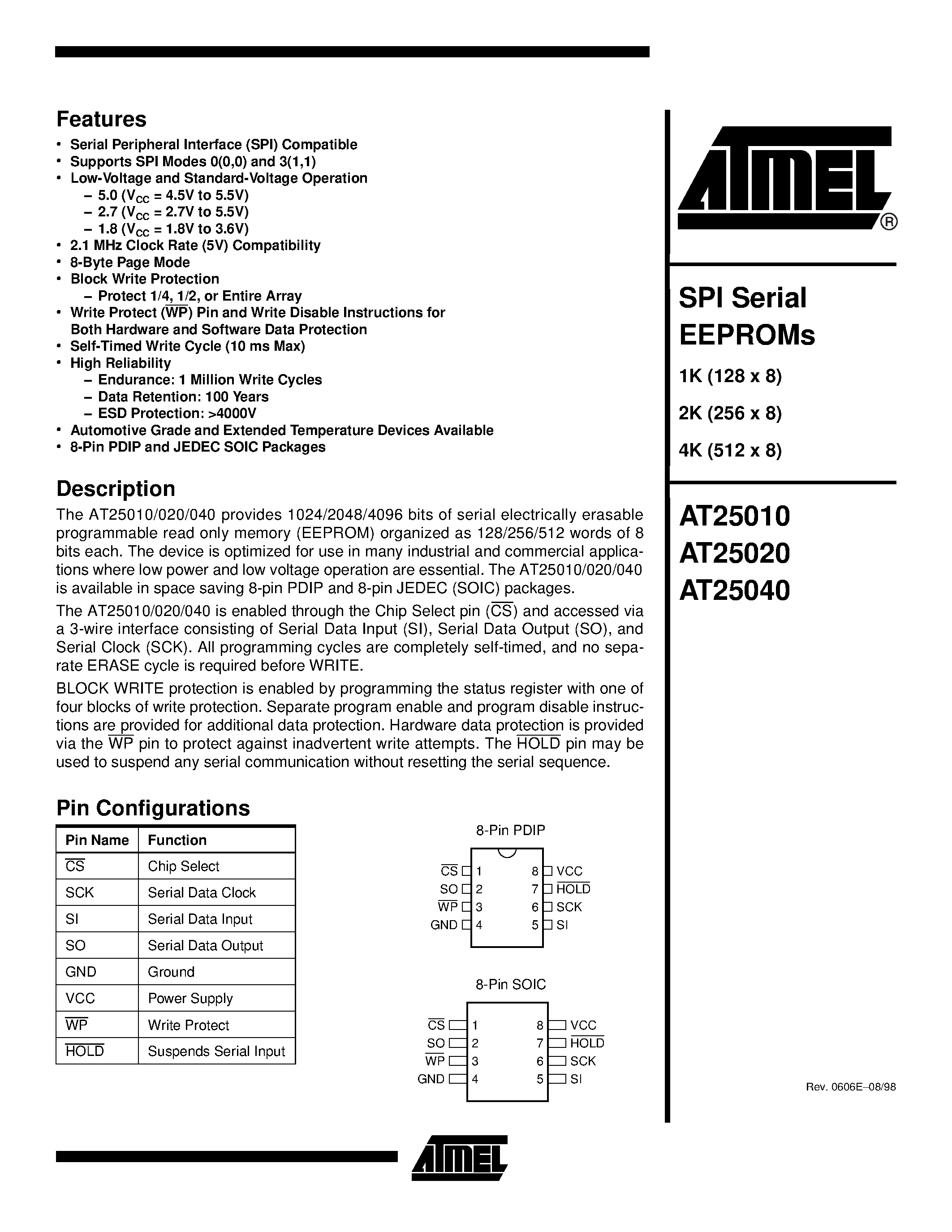 Даташит AT25010-10PC-1.8 - SPI Serial EEPROMs страница 1