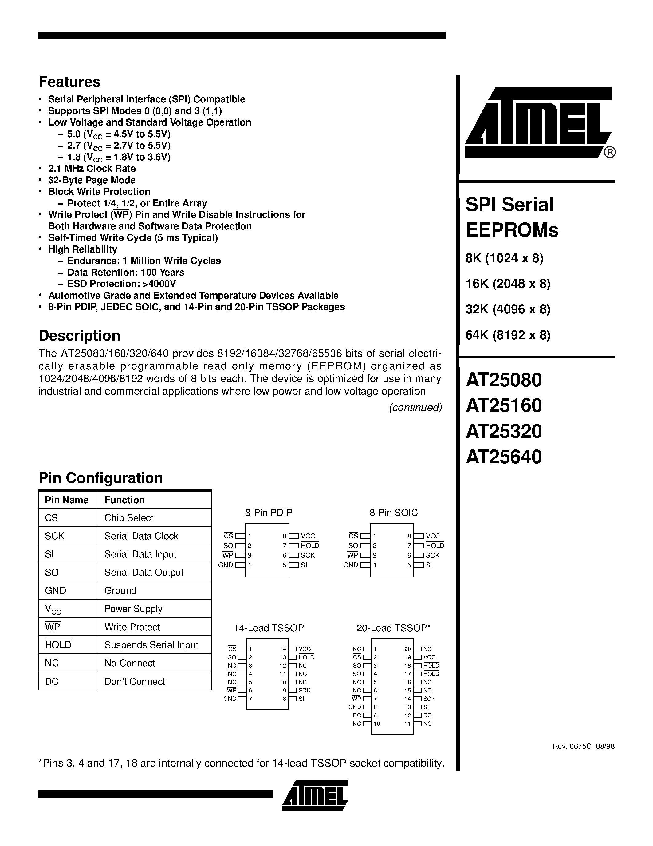 Даташит AT25080-10PC-1.8 - SPI Serial EEPROMs страница 1