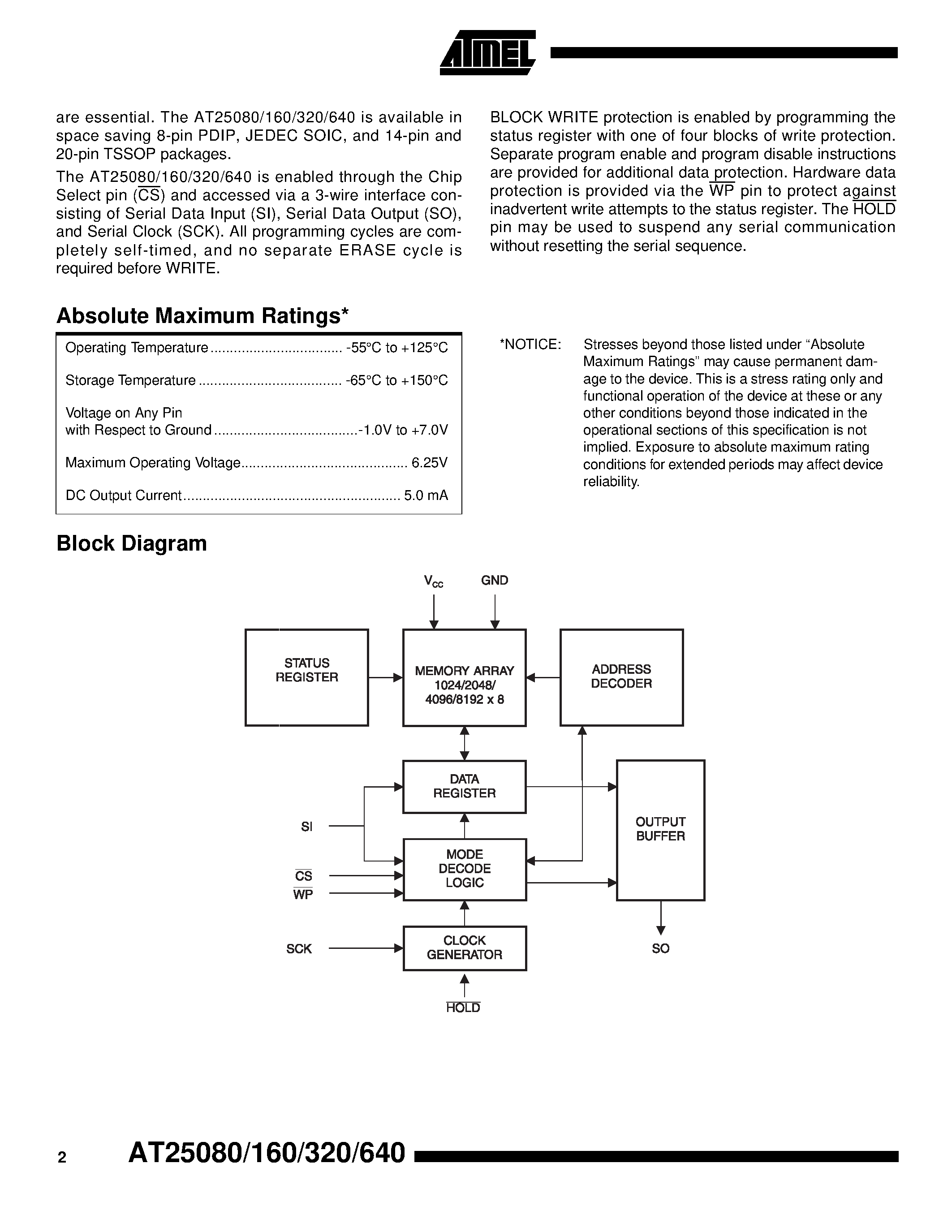 Даташит AT25080-10PC-1.8 - SPI Serial EEPROMs страница 2