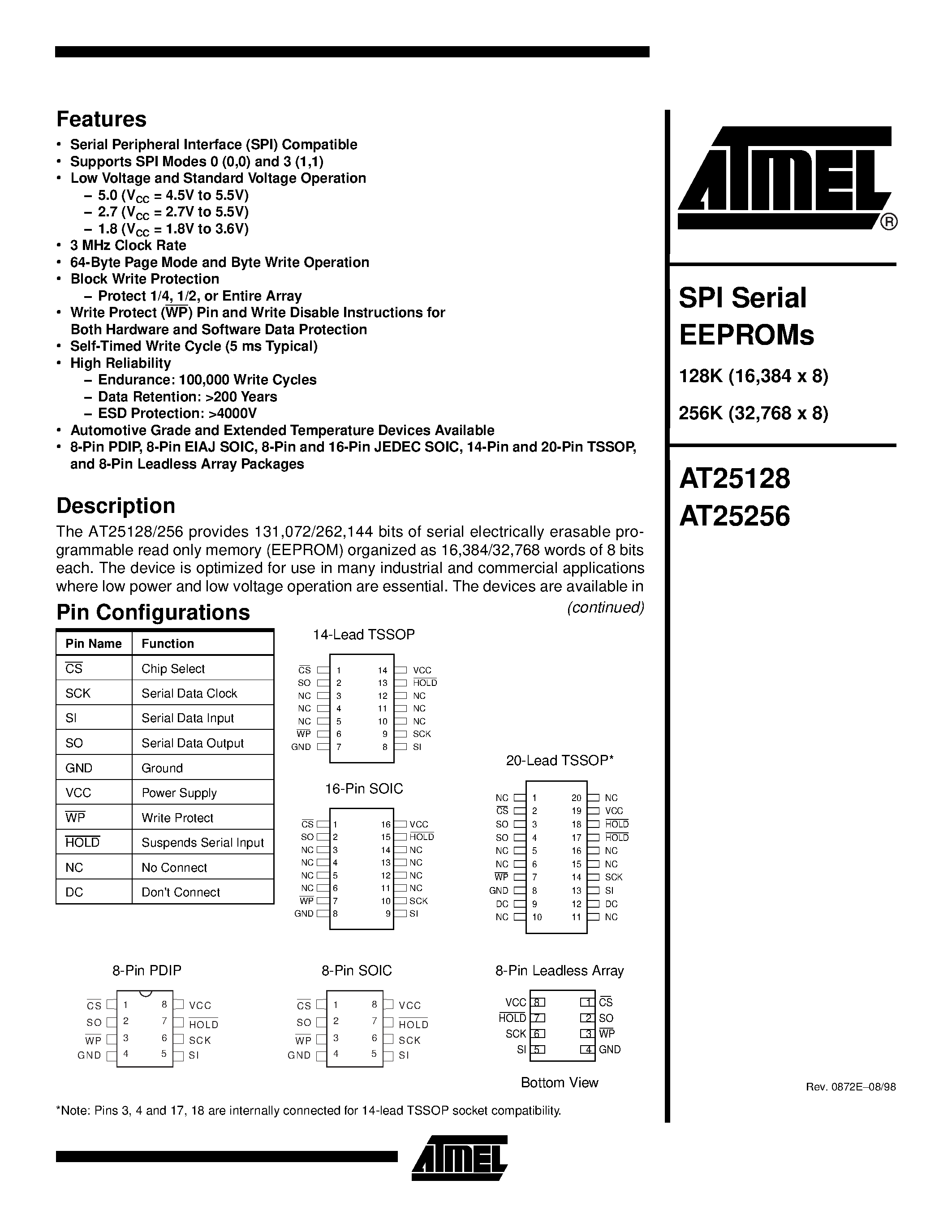 Даташит AT25128-10CC-1.8 - SPI Serial EEPROMs страница 1